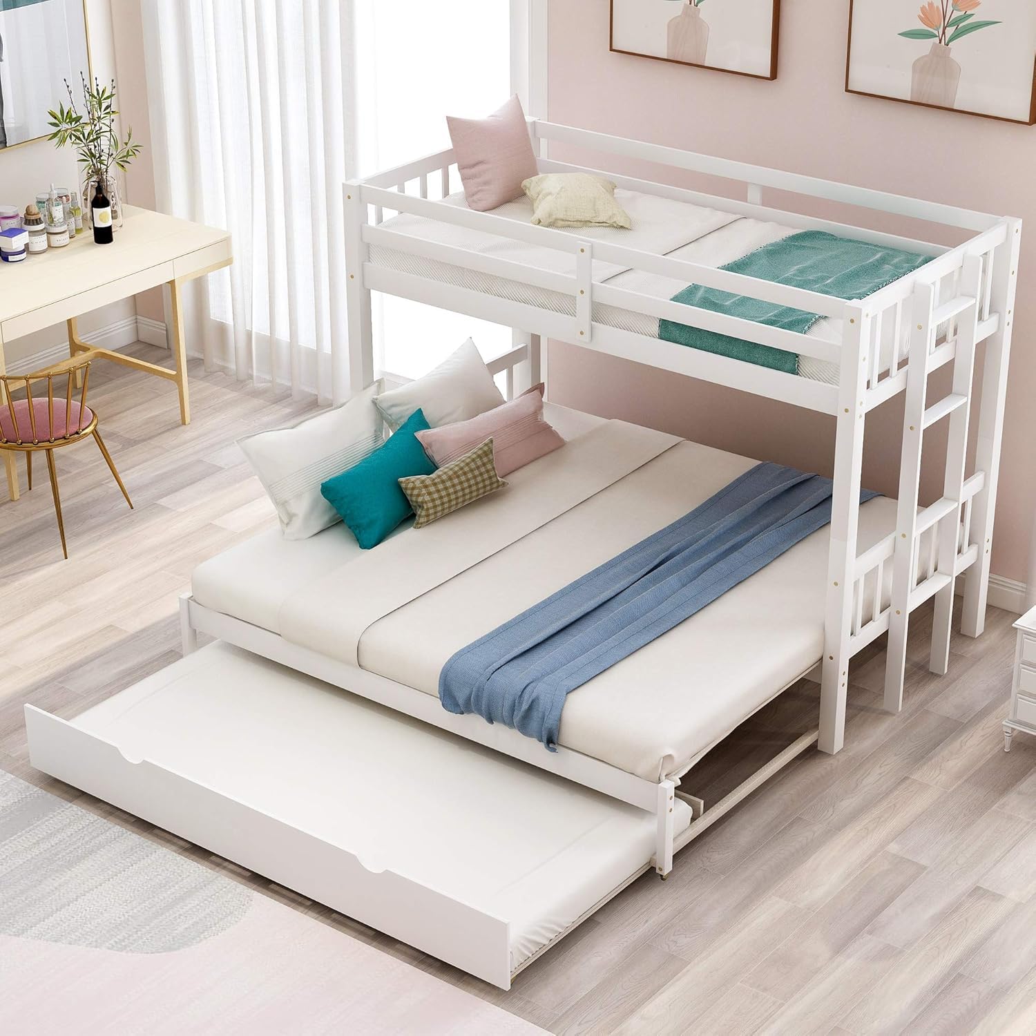 Premium Solid Wood Twin Over Twin Bunk Bed with Pull-Out Trundle - Extendable to Twin Over 2 Twin - Heavy Duty White Wooden Bunkbed for Kids & Teens - Perfect for Small Bedrooms, Guest Rooms & Vacation Homes