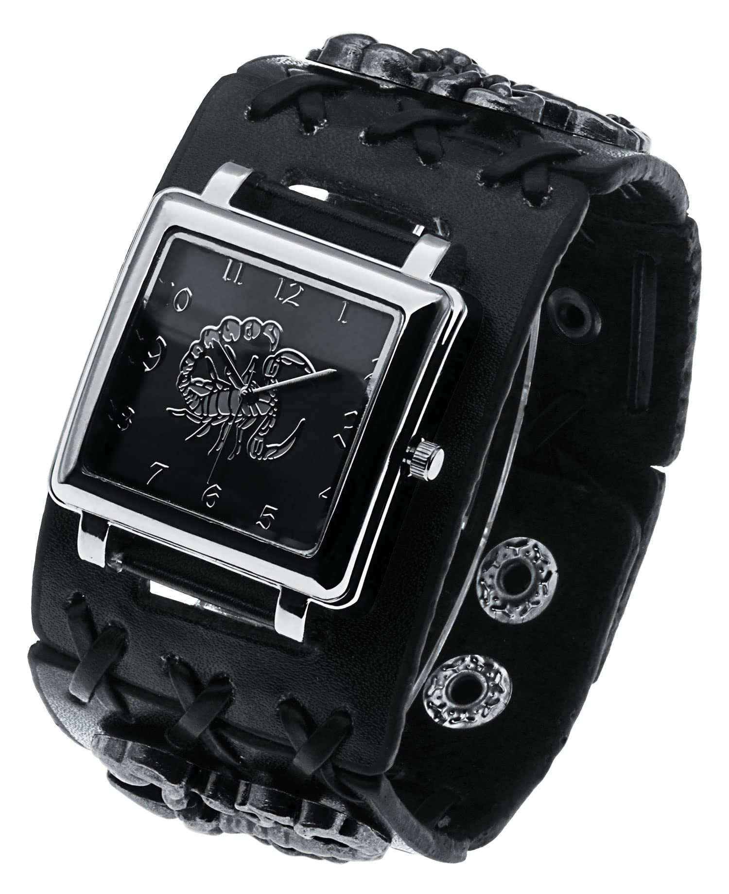Scorpion Punk Men & Women Black Leather Cuff Band Watch - Wide Strap Rock Locomotive Fashion Timepiece for Casual Wear, Gothic Style, and Night Out Accessories