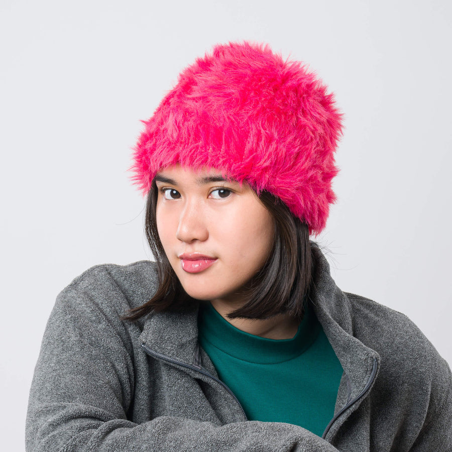 Stylish Faux Fur Beanie in Fuchsia Pink - Winter Warm Knit Hat for Women by Verloop Knits - Perfect for Cold Weather, Snow Days & Outdoor Activities