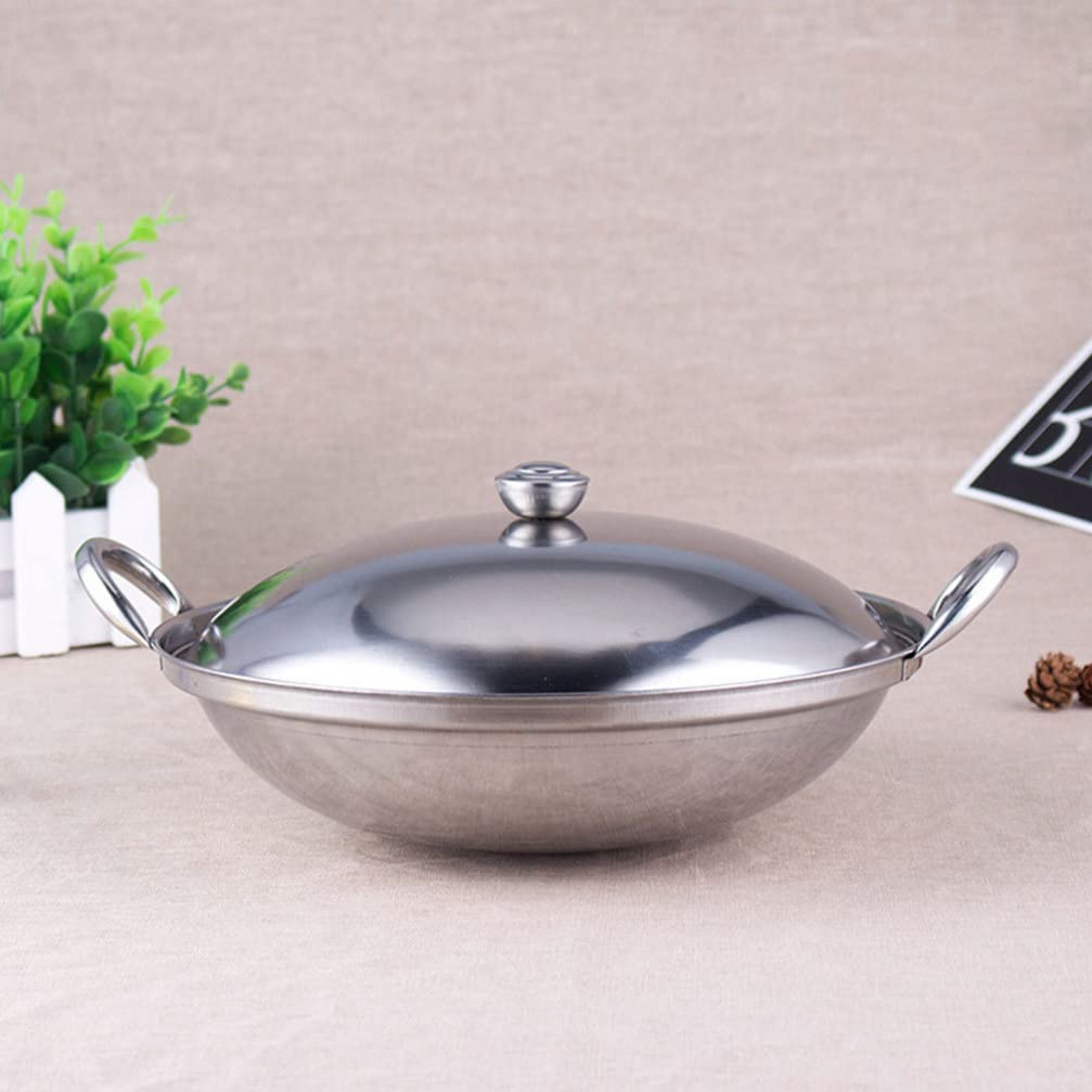 Hemoton 22cm Stainless Steel Chinese Wok Pan with Lid - Double Handle Stir Fry Skillet for Home Cooking, Outdoor Picnic & Camping - Durable Kitchen Cookware for Asian Cuisine, Stir Frying & Deep Frying