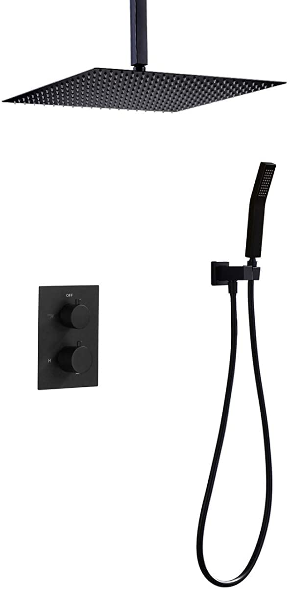 Premium Black Ceiling Mount Shower System - 10 Inch Luxury Shower Combo with Ceramic Valve, Dual Handles & 3-Hole Design, Includes Rainfall Shower Head and Handheld Sprayer | Perfect for Modern Bathroom Renovations and Spa-Like Shower Experiences