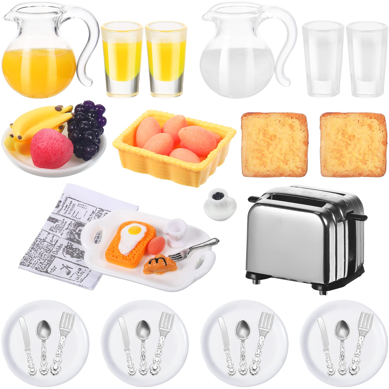 44-Piece 1:12 Scale Miniature Dollhouse Kitchen Set - Mini Toast Machine, Bread, Juice, Milk, Eggs, Cups, Fruits, Plates & Utensils for Dollhouse Scenes, Cake Toppers & DIY Miniature Decor | Perfect for Dollhouse Displays, Miniature Collectors & Creative Cake Decorations