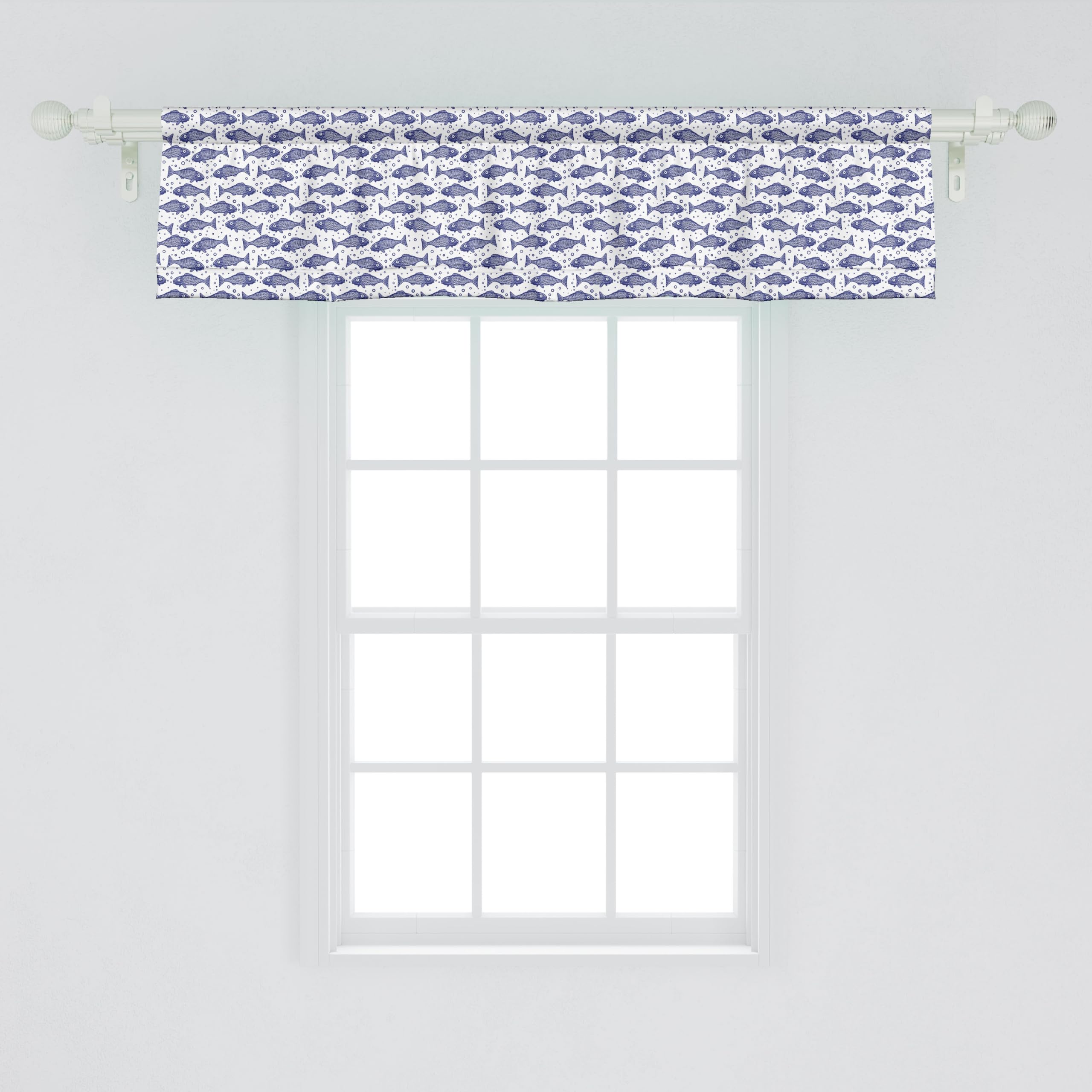 Ambesonne Nautical Window Valance Set of 2 - Monochrome Hand-Drawn Fish Pattern with Minimal Bubbles, Rod Pocket Kitchen & Bedroom Curtain Valances, 54