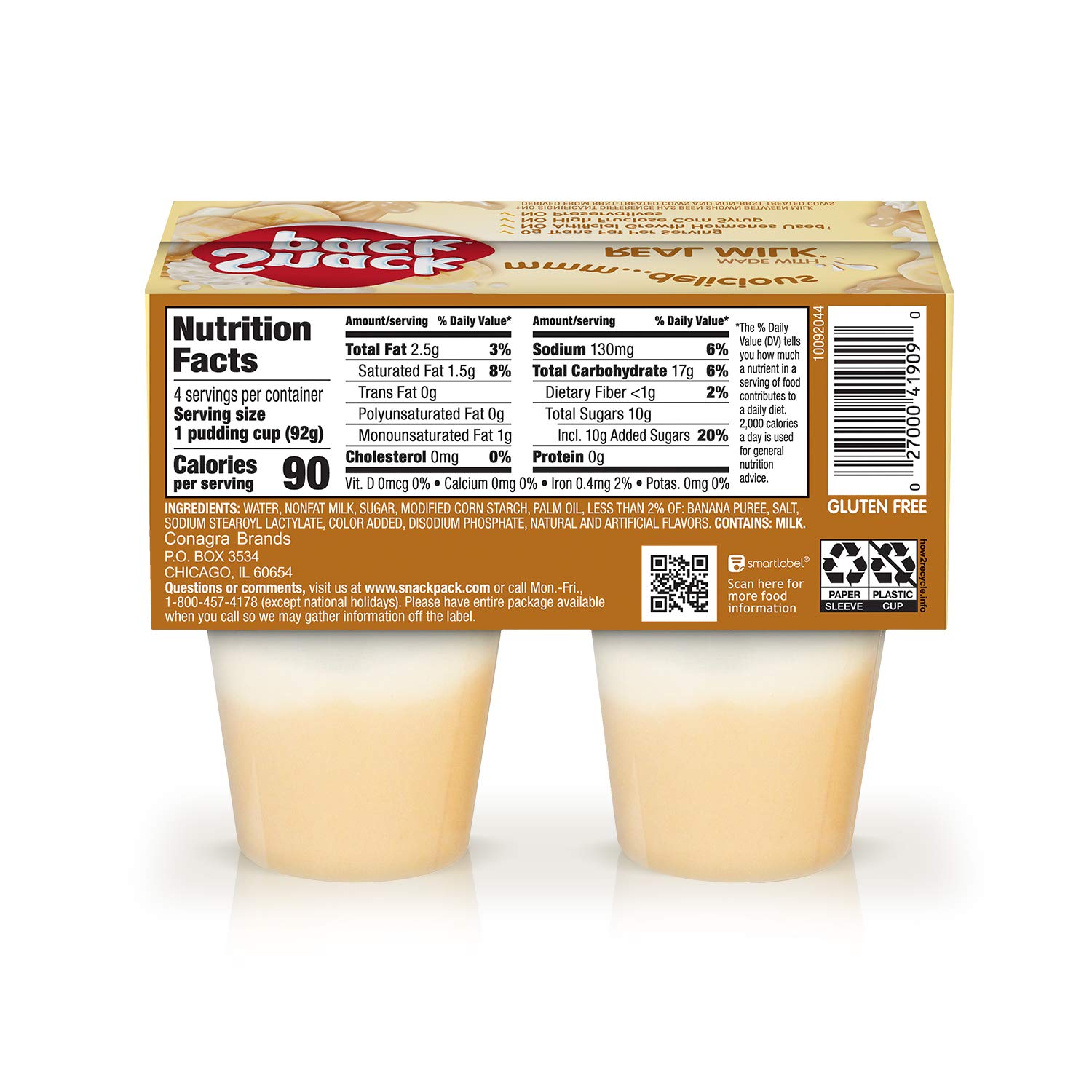 Delicious Banana Cream Pie Pudding Snack Packs - 4 Individually Wrapped Cups | Perfect for Lunches, Desserts & On-the-Go Snacking