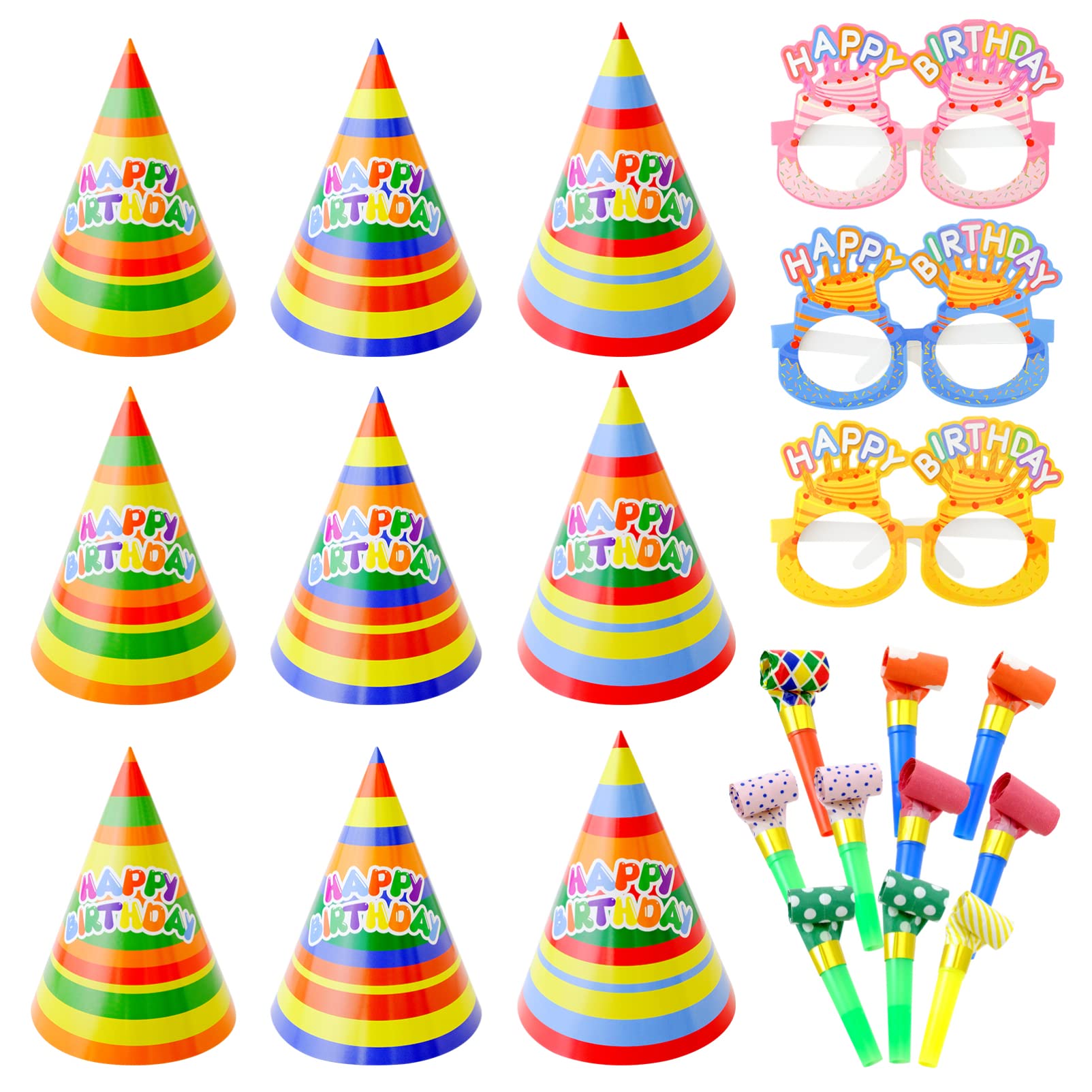 1 Set Birthday Party Supplies - Party Hats, Glasses, Paper Hats, Noise Makers & Blowers for Kids - Cone Hats & Favors for Birthday Celebrations, Classroom Events & Family Gatherings