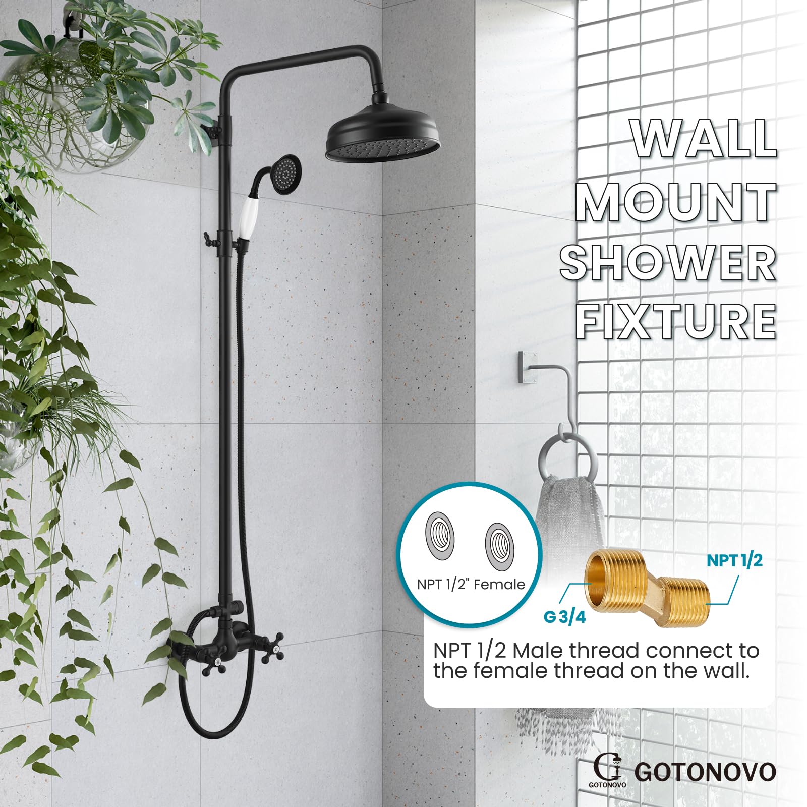 Luxury Matte Black Exposed Shower Faucet Set - 8 Inch Wall Mount Rainfall Shower Head with Handheld Spray & Cross Double Handle - Adjustable Straight Rod for Modern Bathroom - Perfect for Master Bath, Spa-Like Showers & Contemporary Home Renovations