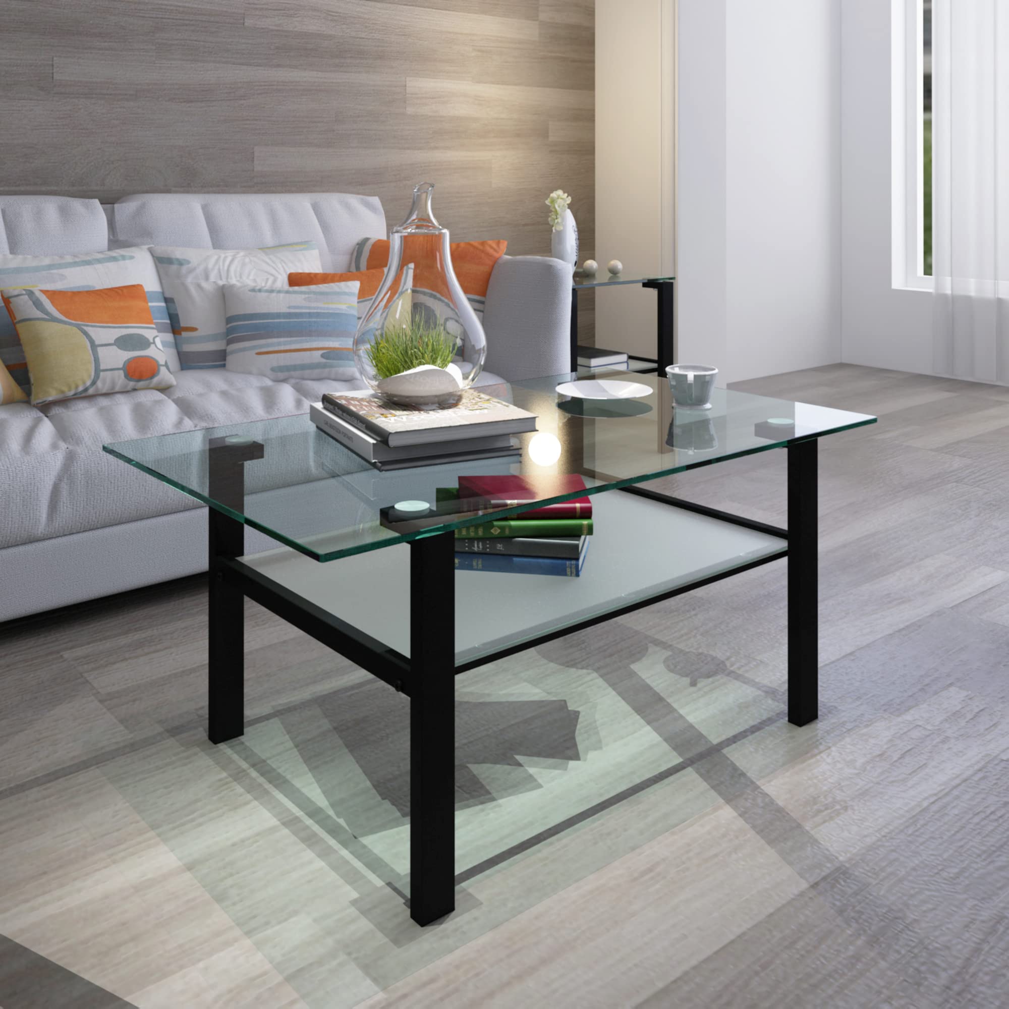 Modern Glass Coffee Table with Metal Legs - Tempered Glass Top Living Room & Bedroom Table - Stylish Black Meihua Living Room Table for Home Decor, Entertaining & Small Space Furniture