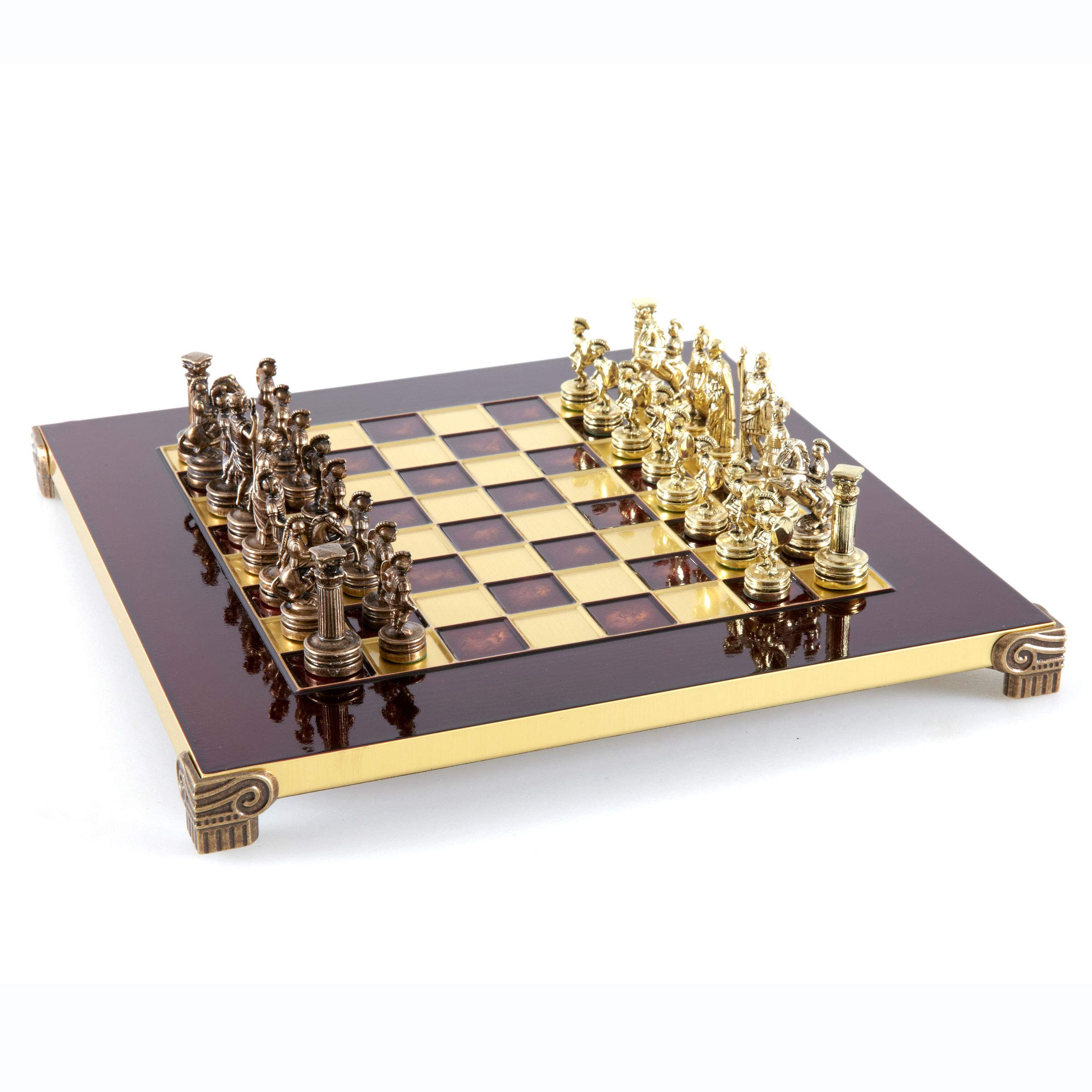 Greek Roman Army Chess Set - Brass & Copper Pieces with Red Wooden Board - Perfect for Collectors, Home Decor, and Strategy Game Lovers