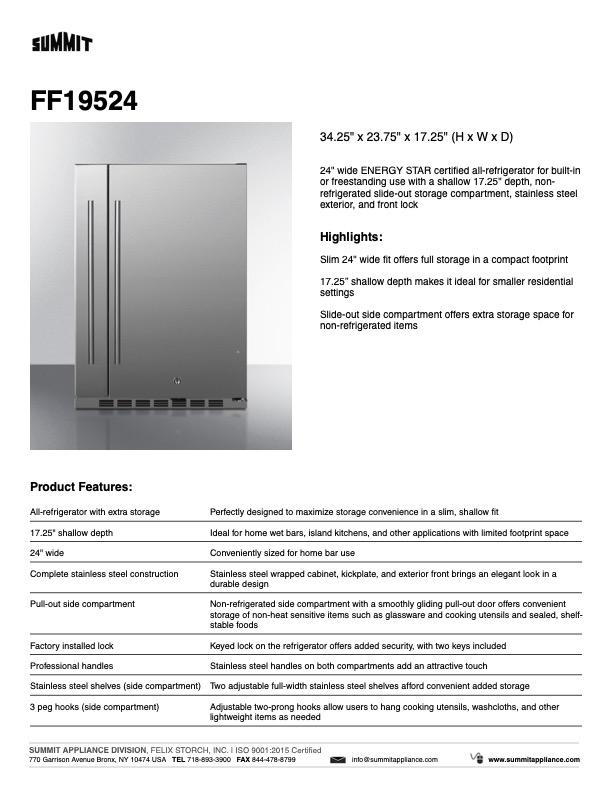 SUMMIT 24-Inch Shallow Depth Outdoor Built-In Freezerless Refrigerator with Slide-Out Storage Compartment (SPR196OS24) - Perfect for Outdoor Kitchens, Patios, and Poolside Entertaining