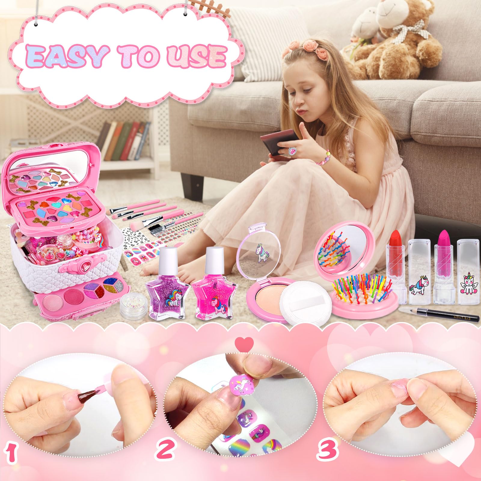 POWZOO 64-Piece Kids Makeup Toy Set - Non-Toxic & Washable Princess Makeup Kit for Girls Ages 5-12 - Perfect Birthday & Christmas Gift for Pretend Play, Dress-Up & Role-Playing Games