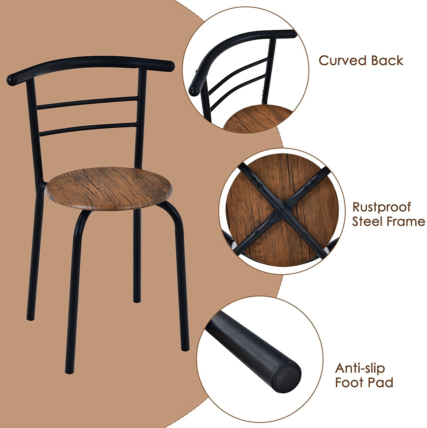 FANTASK 3-Piece Dining Table Set with 2 Chairs - Compact Kitchen Table with Metal Frame & Storage Shelf - Space-Saving Breakfast Nook Set for Apartments, Small Kitchens, Cafes (Black & Brown) - Perfect for Morning Coffee, Casual Meals & Small Space Dining