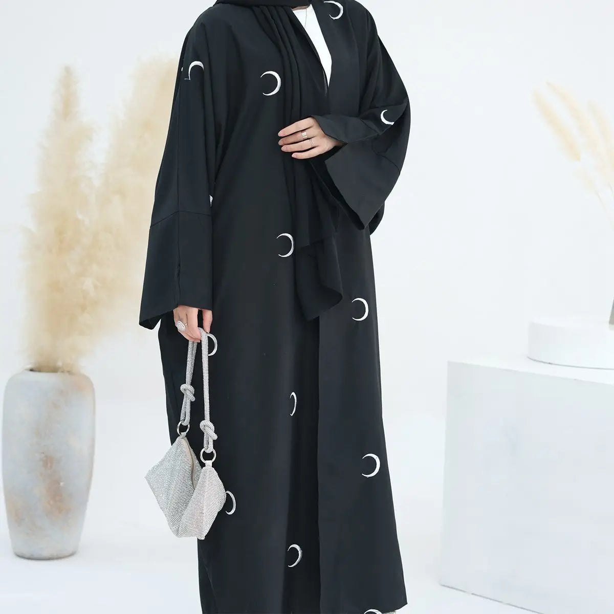 Moon Embroidery Cotton Blend Cardigan Open Abaya Dress - Elegant Muslim Women's Cover-Up for Prayer, Home & Special Occasions