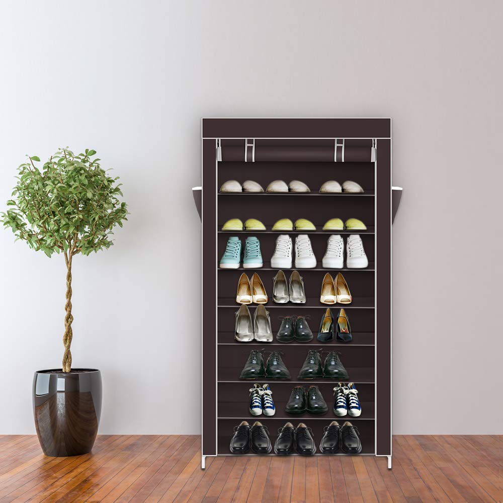 10-Tier Shoe Rack with Dustproof Cover - Free Standing Shoe Storage Cabinet for 40 Pairs of Shoes - Organizer for Sneakers, High Heels, Boots - Perfect for Closet, Entryway, Bedroom & Dorm Room Organization (Dark Brown)