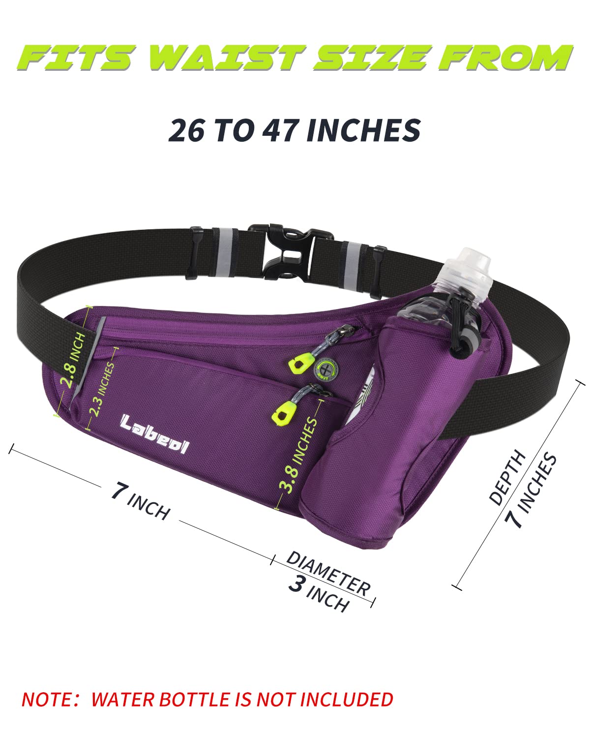 Labeol Adjustable Running Belt with Water Bottles - 2 Zipper Pockets Hydration Waist Pack for Men & Women - Lightweight Fanny Pack for Hiking, Climbing, Jogging & Outdoor Activities (Purple)