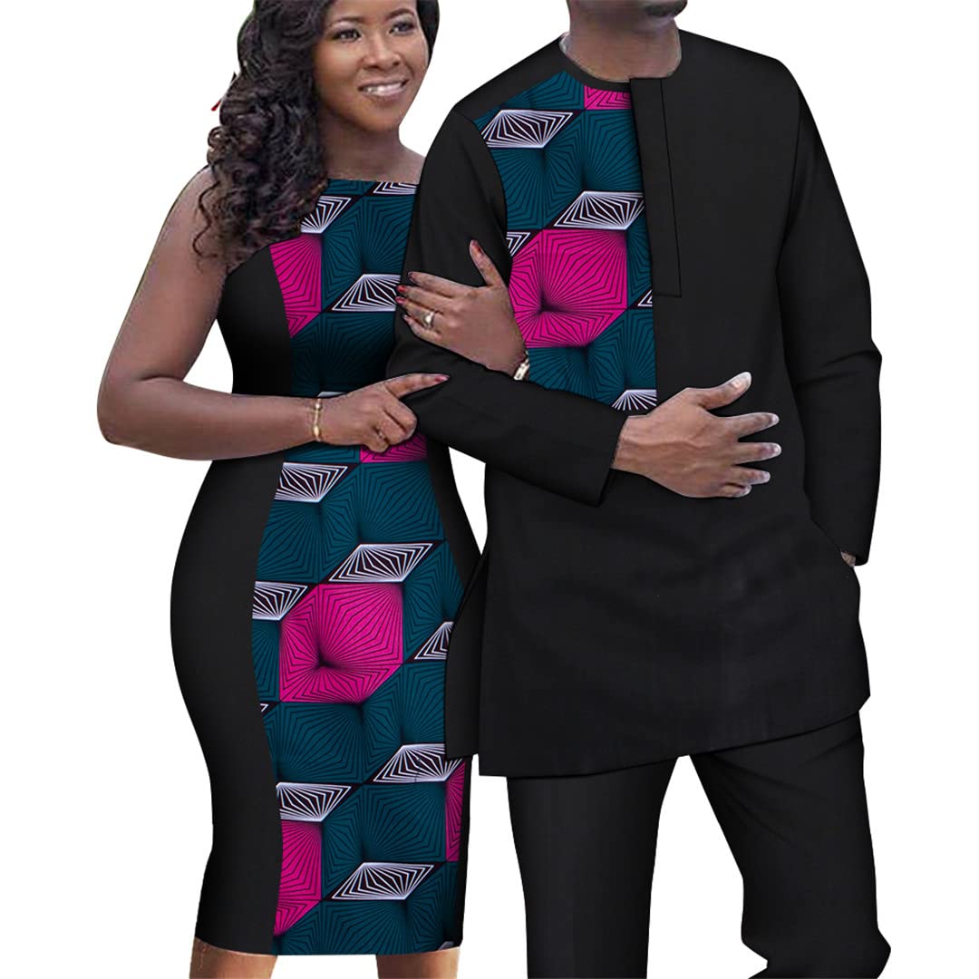 African Couple Outfits - Women's Sleeveless Slim Dresses & Men's Dashiki Shirt & Pant Set (13 Sizes) - Perfect for Weddings, Anniversaries & Cultural Celebrations