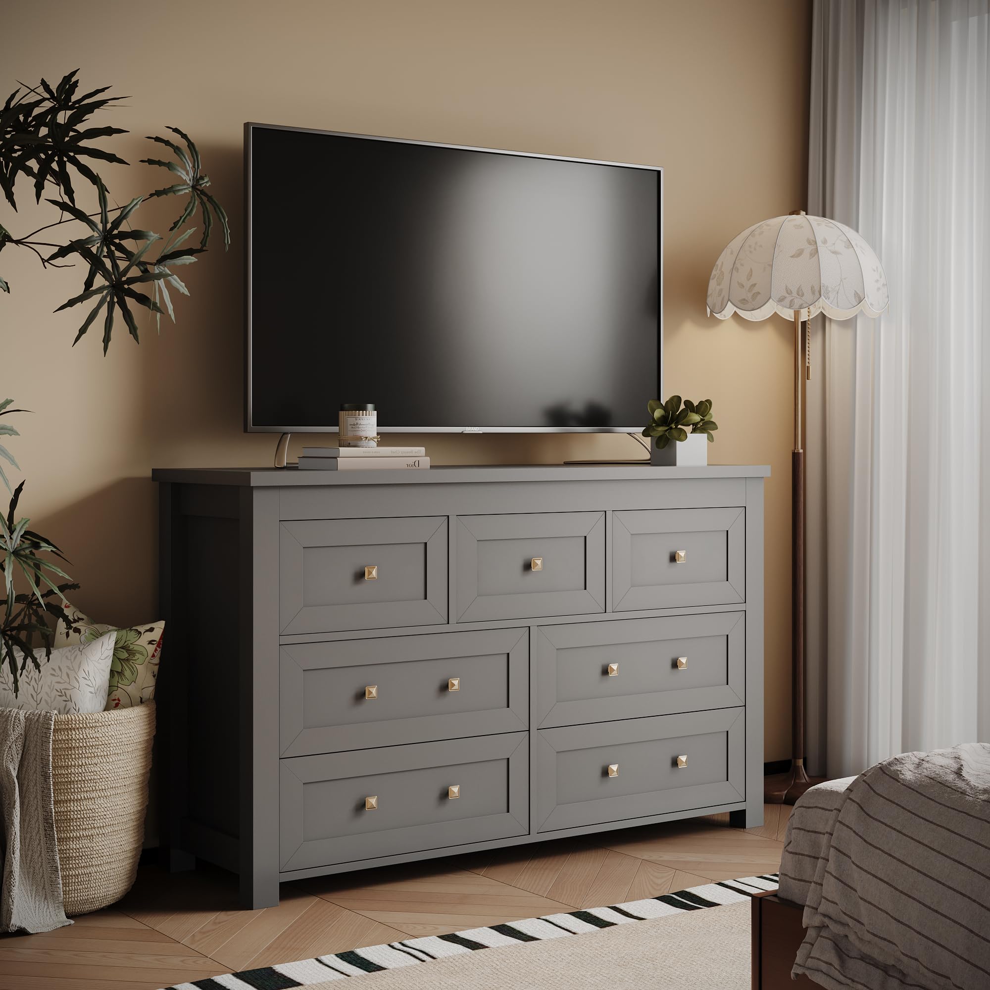 7-Drawer Farmhouse Dresser for Bedroom - Solid Wood Chest with Metal Handles, Wide TV Stand & Closet Storage Organizer - Modern Entryway, Living Room, Hallway Furniture (Black) - Perfect for Bedroom Storage & Living Room Organization