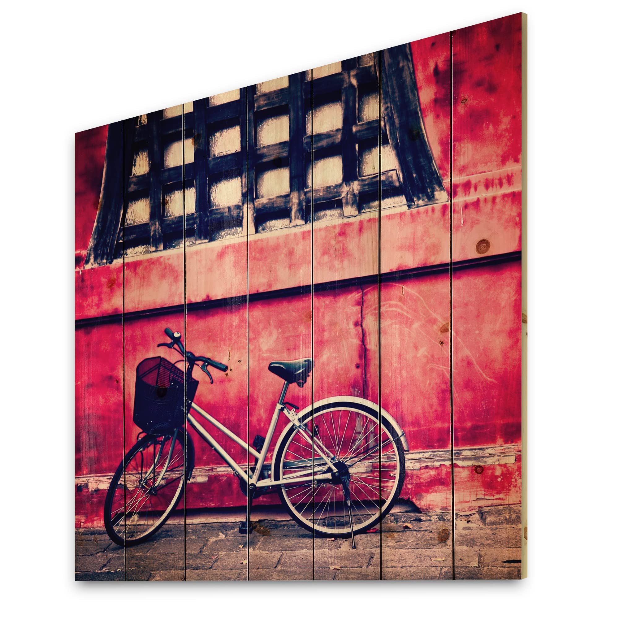 Vintage Tokyo Zozoji Temple Wood Wall Art - Pink Large Transportation Bike Design Printed on Natural Pine Wood - Perfect for Home, Office & Cafe Decor