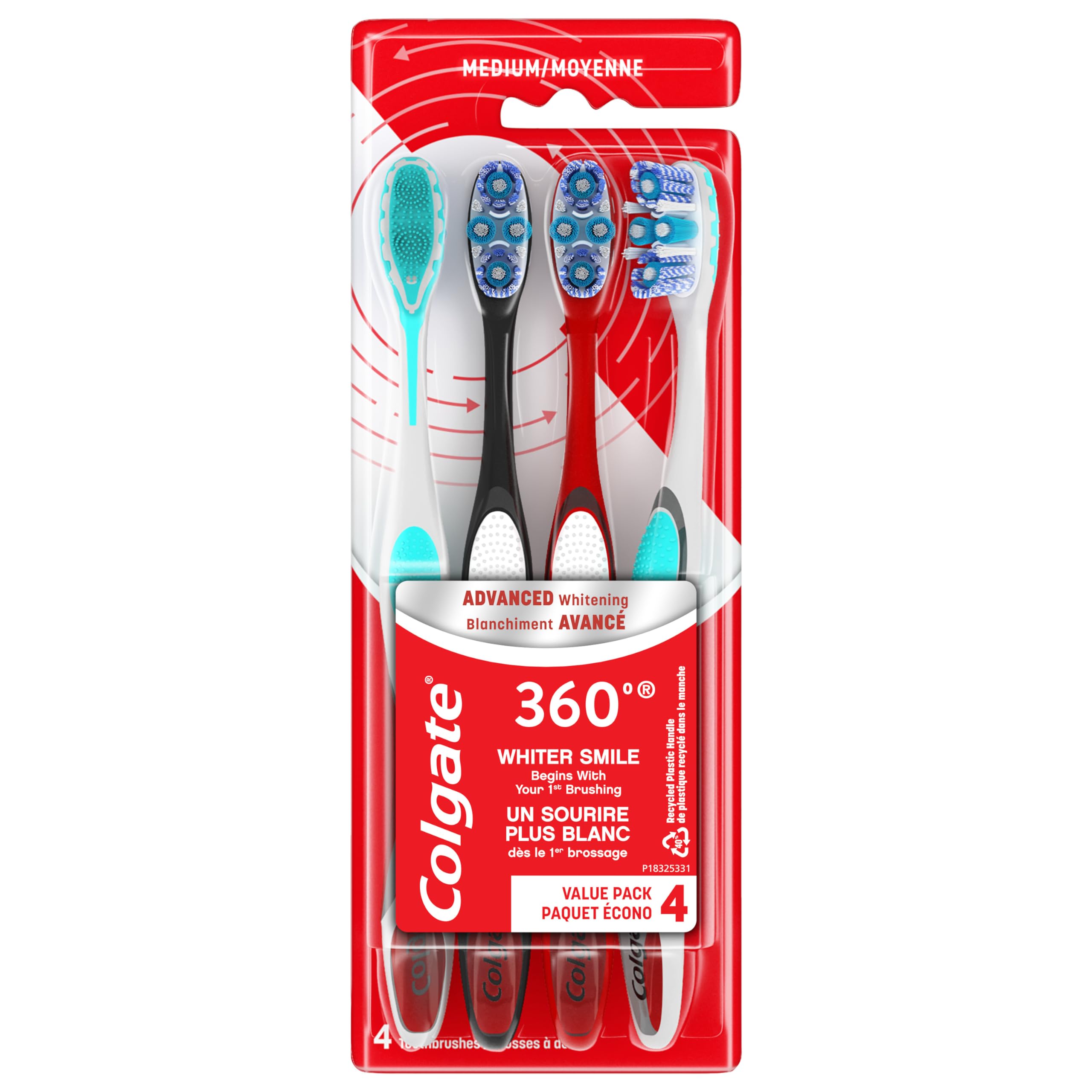 Colgate 360 Advanced Optic White Whitening Toothbrush with Tongue Cleaner - Soft Bristles, 4 Pack - for Sensitive Teeth & Fresh Breath - Perfect for Home, Travel & Daily Oral Care