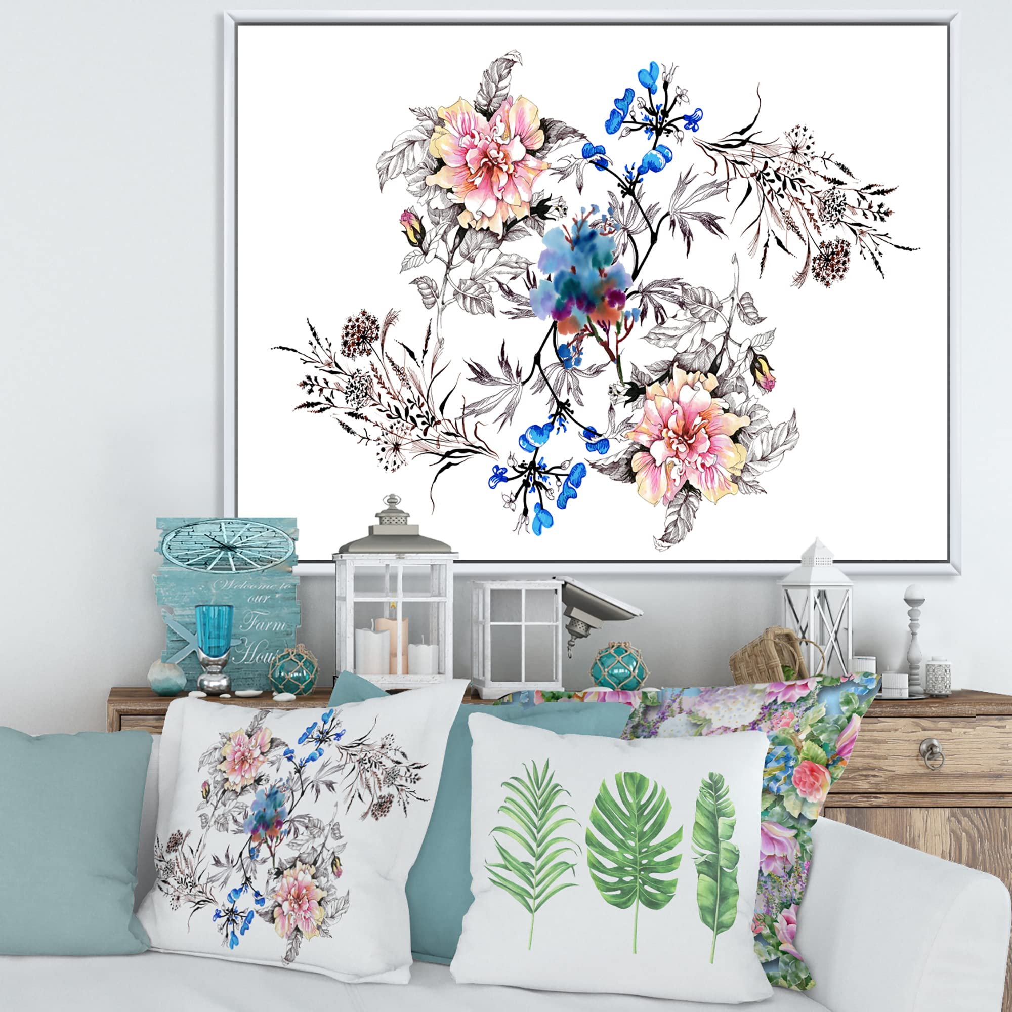 DesignQ Blue and Pink Wildflowers Framed Canvas Wall Art - Traditional Floral Home Decor for Living Room, Bedroom & Office