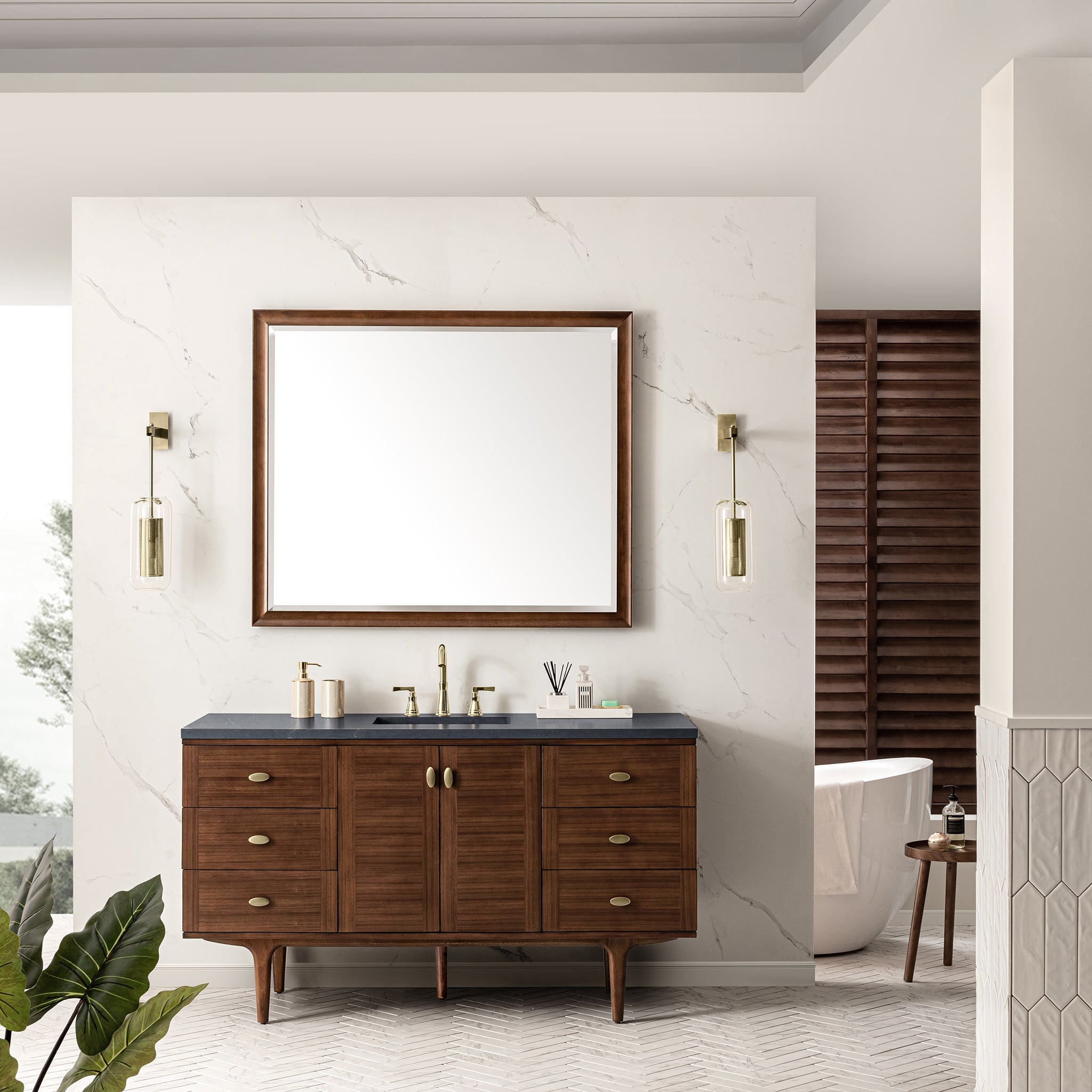Amberly 60 Inch Single Bathroom Vanity with Mid-Century Walnut Finish & 3CM Charcoal Soapstone Top - Perfect for Modern and Vintage Bathroom Designs