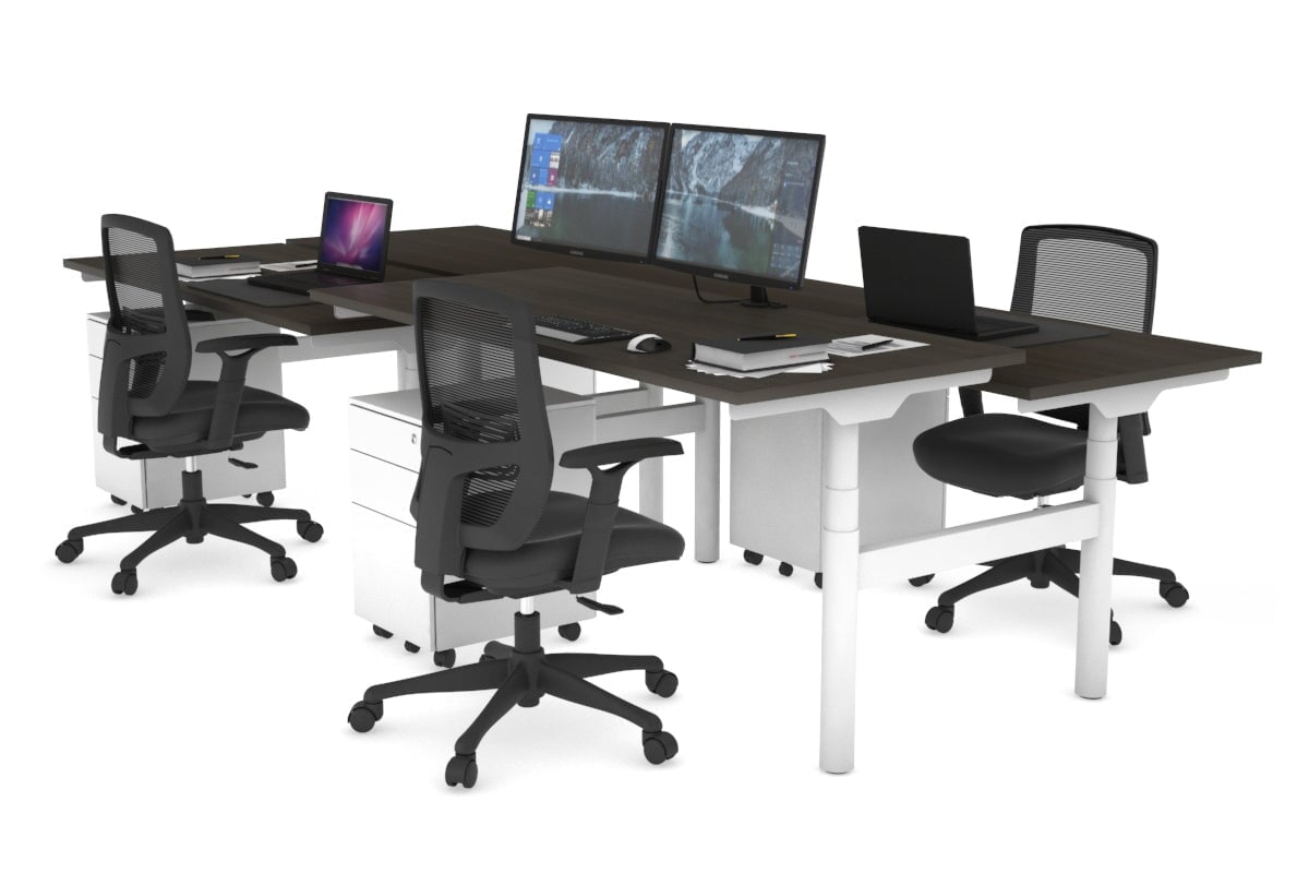 Flexi Premium Height Adjustable 4-Person H Bench Workstation - White Frame [1400L x 700W] - Ergonomic Office Desk for Collaborative Workspaces & Coworking Environments