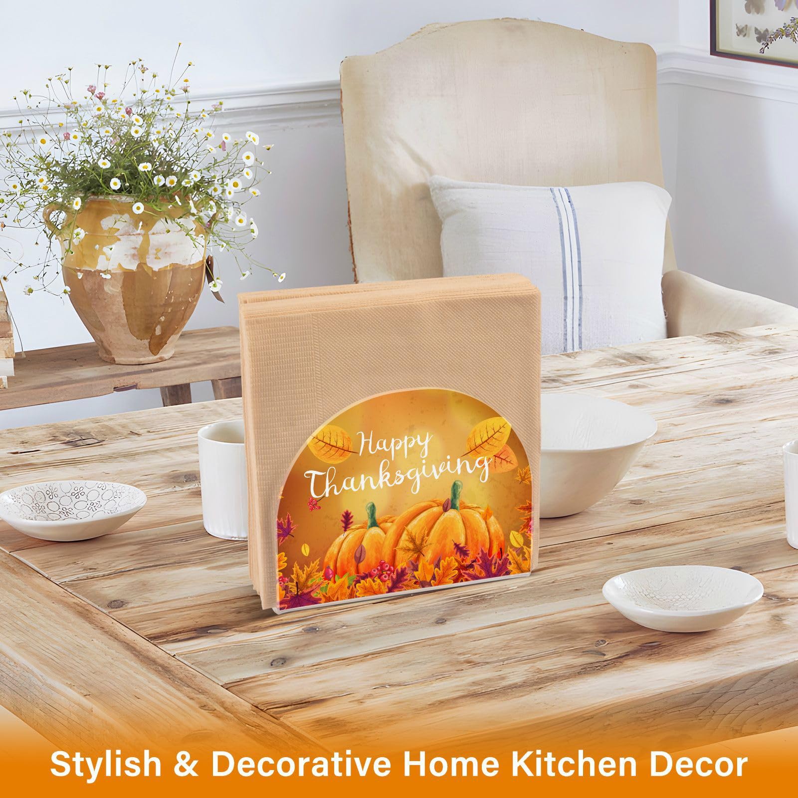 Happy Thanksgiving Acrylic Napkin Holder - Autumn Leaves & Pumpkin Design for Table, Kitchen, Dining, Restaurant, and Home Bar - Perfect for Holiday Decor and Cocktail Napkin Dispenser