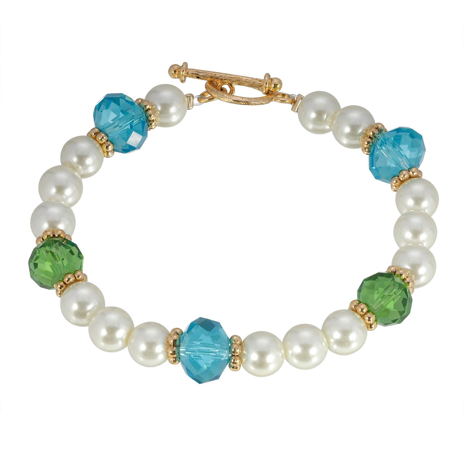 1928 Jewelry Faux Pearl Aqua & Green Bead Toggle Bracelet - Vintage Style Adjustable Wristband for Women, Perfect for Weddings, Parties & Everyday Wear