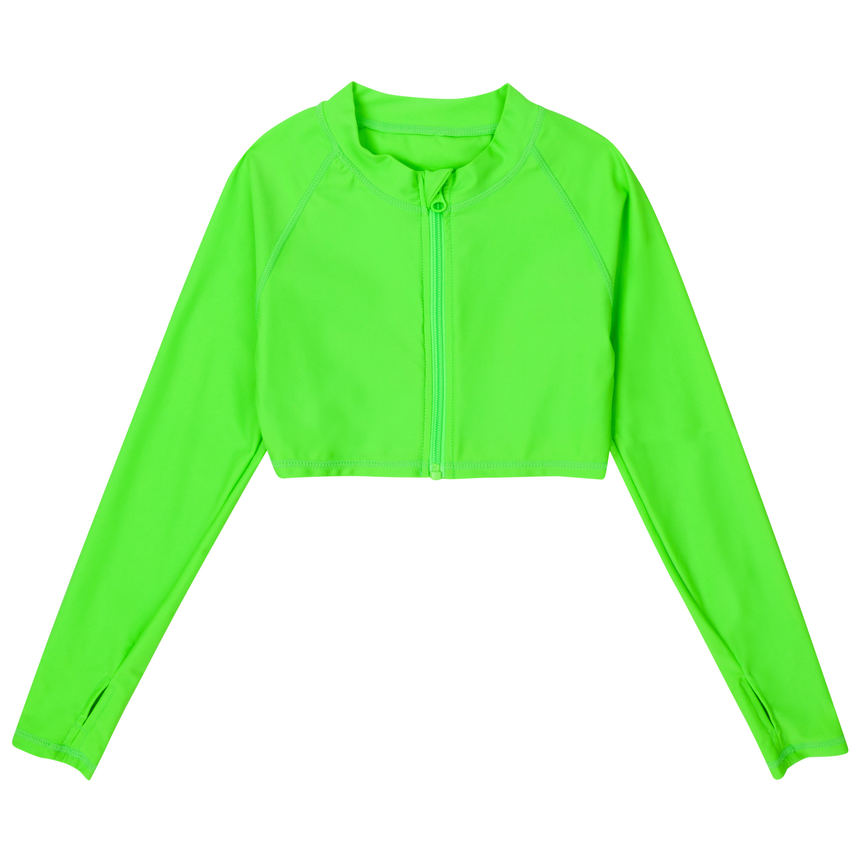 Neon Green Girls Long Sleeve Crop Rash Guard - UPF 50+ Sun Protection for Surfing, Swimming & Beach Activities