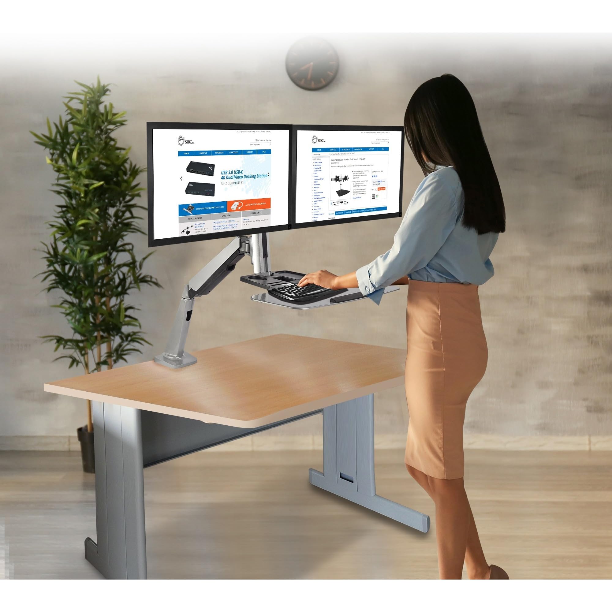 SIIG Adjustable Monitor and Keyboard Mounting Arm - Ergonomic Dual Screen & Keyboard Stand for Home Office, Gaming, and Workspace Setup
