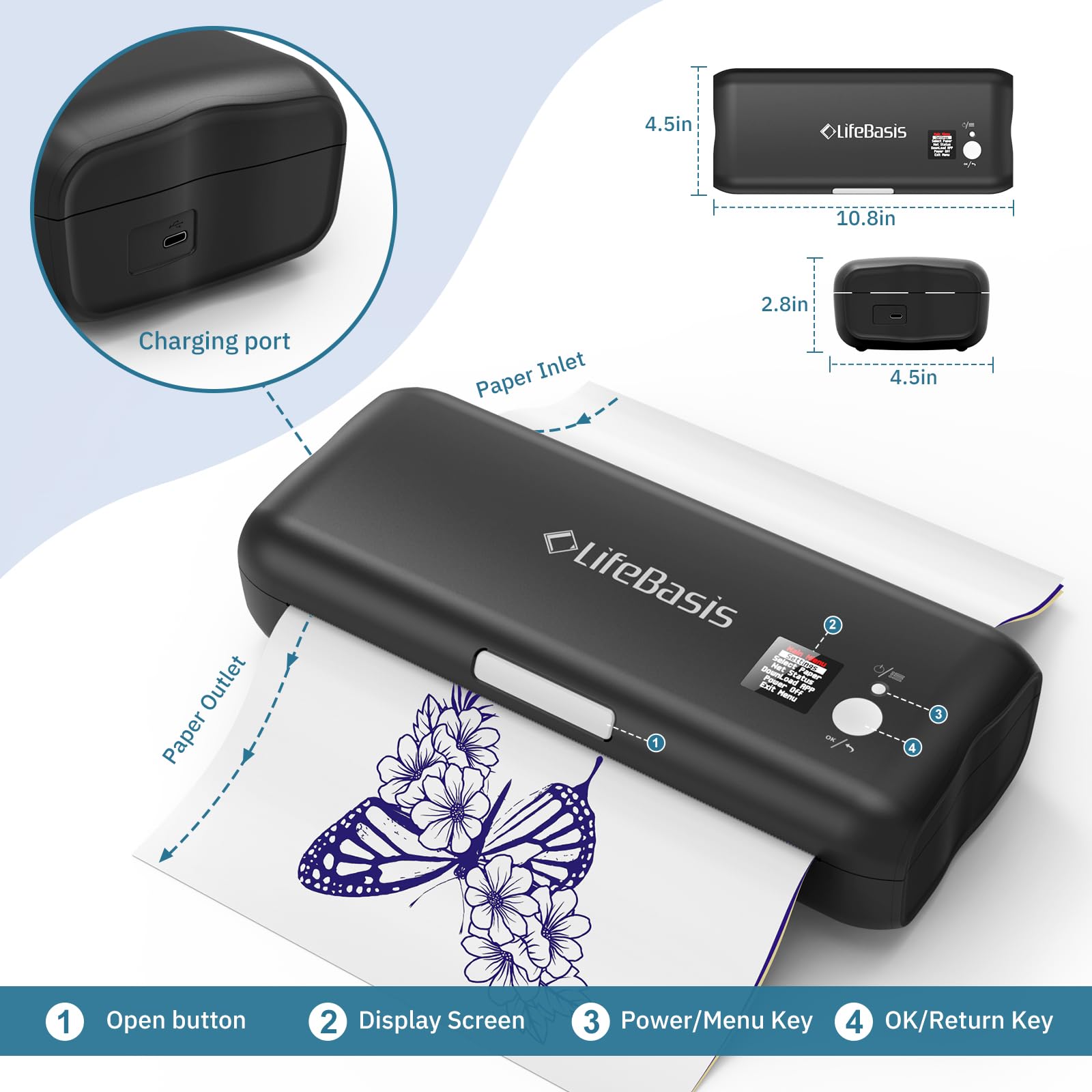 LifeBasis Bluetooth Tattoo Stencil Printer - Wireless Thermal Tattoo Transfer Machine with 30PCS Stencil Paper, Compatible with iOS & Android - Perfect for Tattoo Artists & Home Tattoo Kits