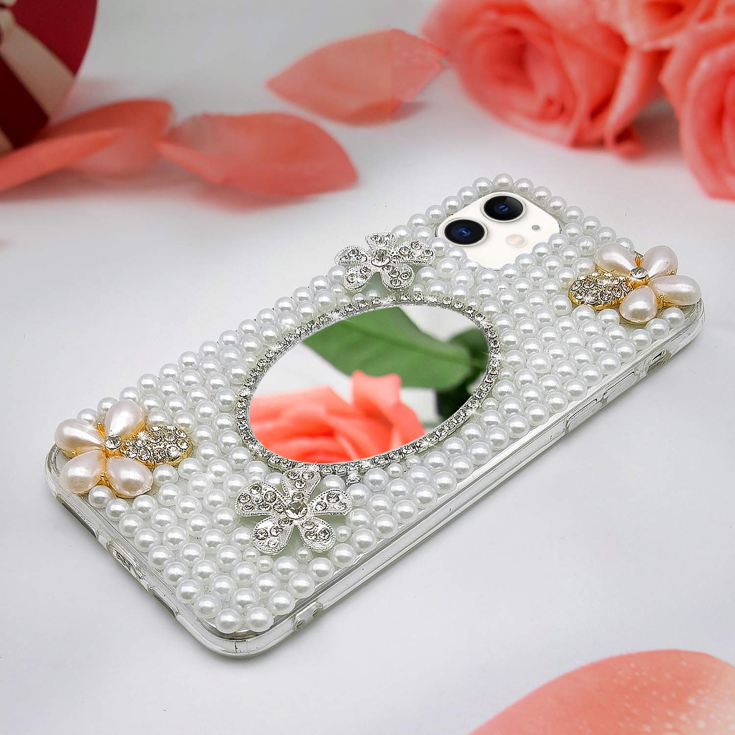 Sparkly Rhinestone Flower iPhone 12 Case for Women - Luxury Glitter Pearl Crystal Clear TPU Protective Phone Cover with Mirror Makeup Case | Perfect for Parties, Weddings & Everyday Glam Style