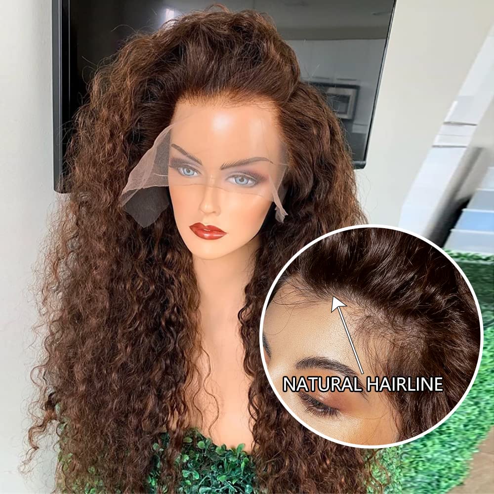18 Inch Chocolate Brown Curly Lace Front Human Hair Wig for Black Women - 13x4 Pre-Plucked with Baby Hair, 180% Density Water Wave Lace Wig - Perfect for Daily Wear, Cosplay & Special Occasions