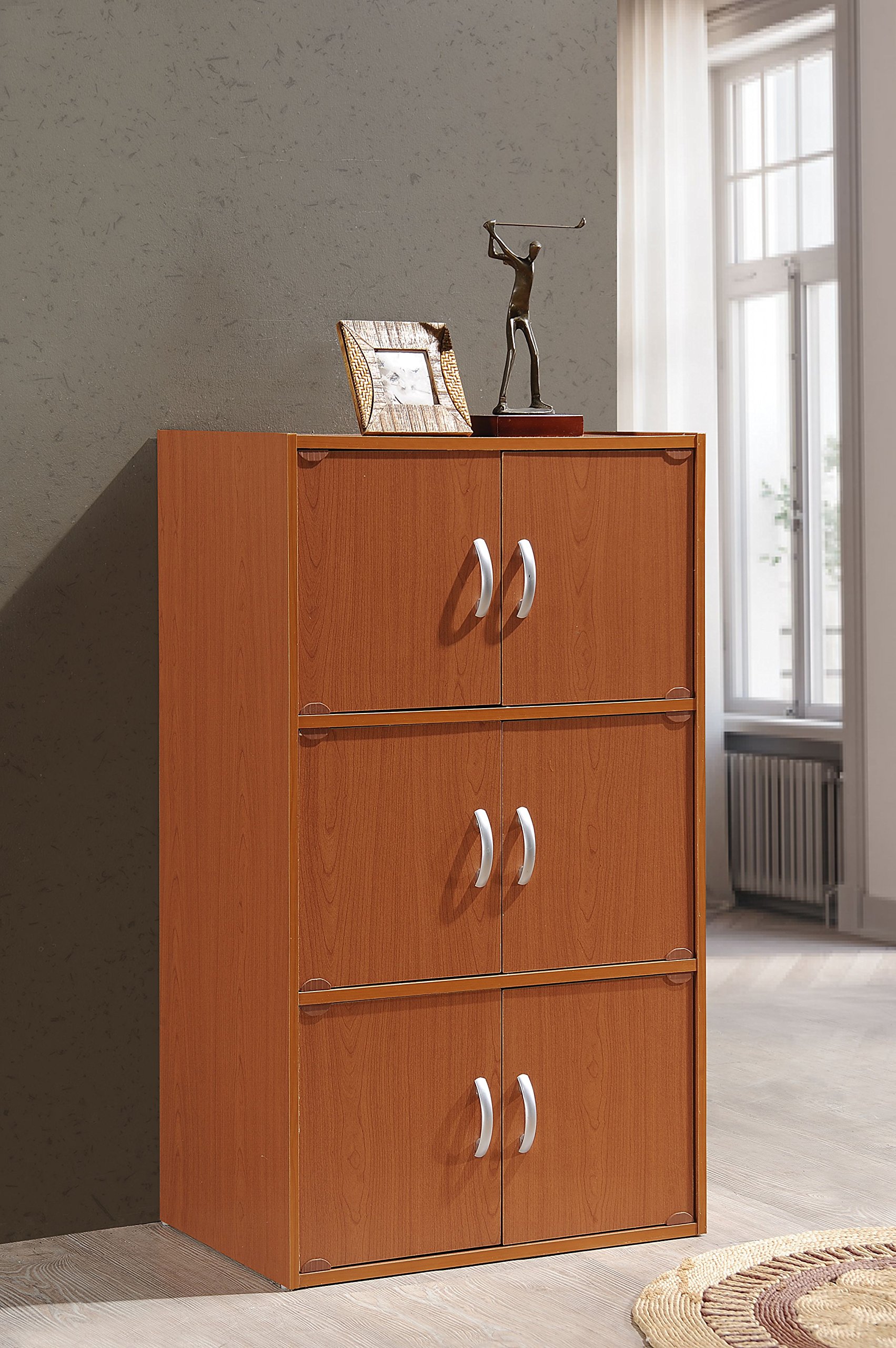 Hodedah 3-Shelf Bookcase Cabinet in Cherry Finish - Sturdy Wooden Storage Shelf for Living Room, Bedroom, Office & Study Organization