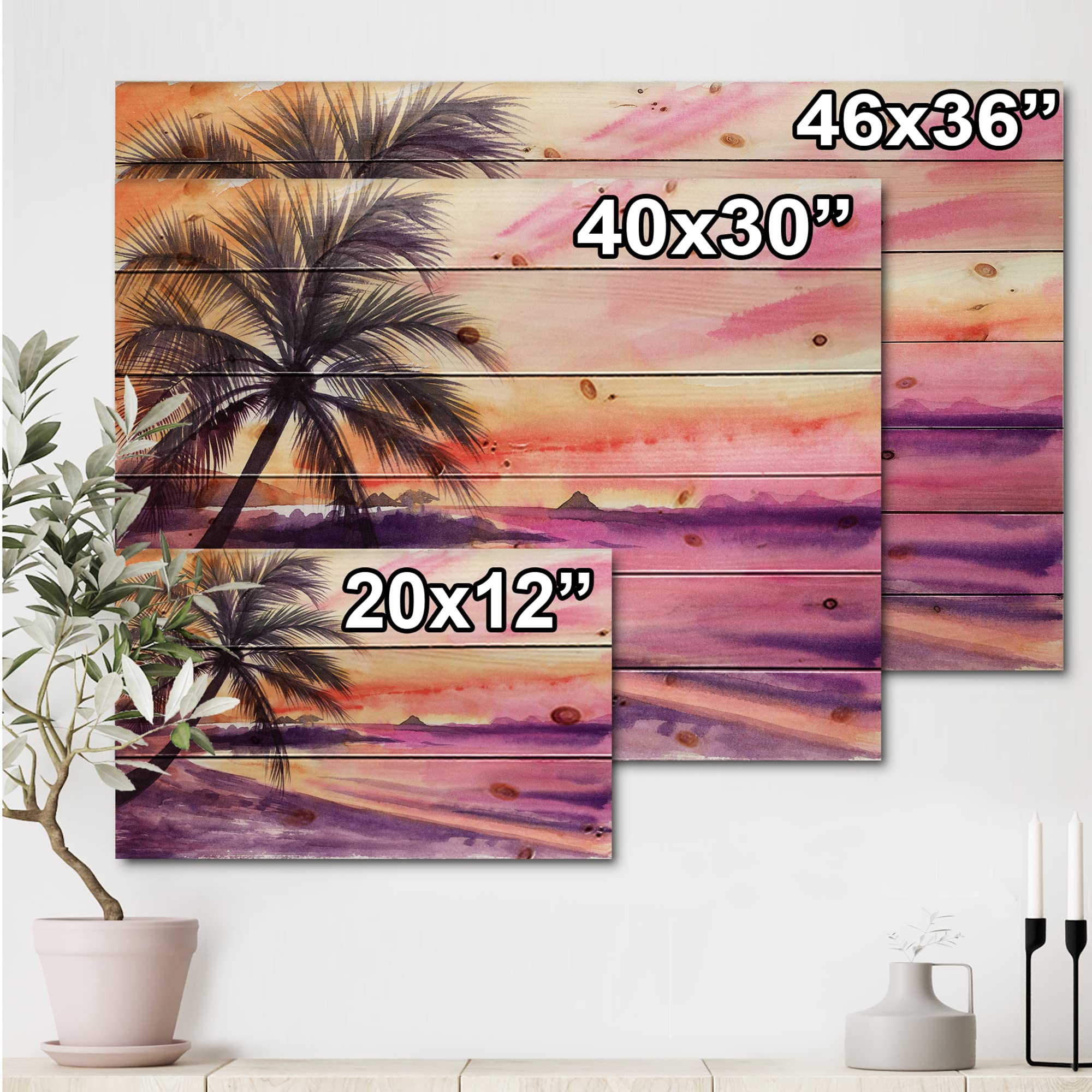DesignQ Pink & Purple Palm Beach Sunset Nautical Coastal Wood Wall Decor - Large Beach Wood Wall Art Panels Printed on Natural Pine - Perfect for Coastal Home Decor, Beach House Wall Art, Living Room & Bedroom Wall Decor