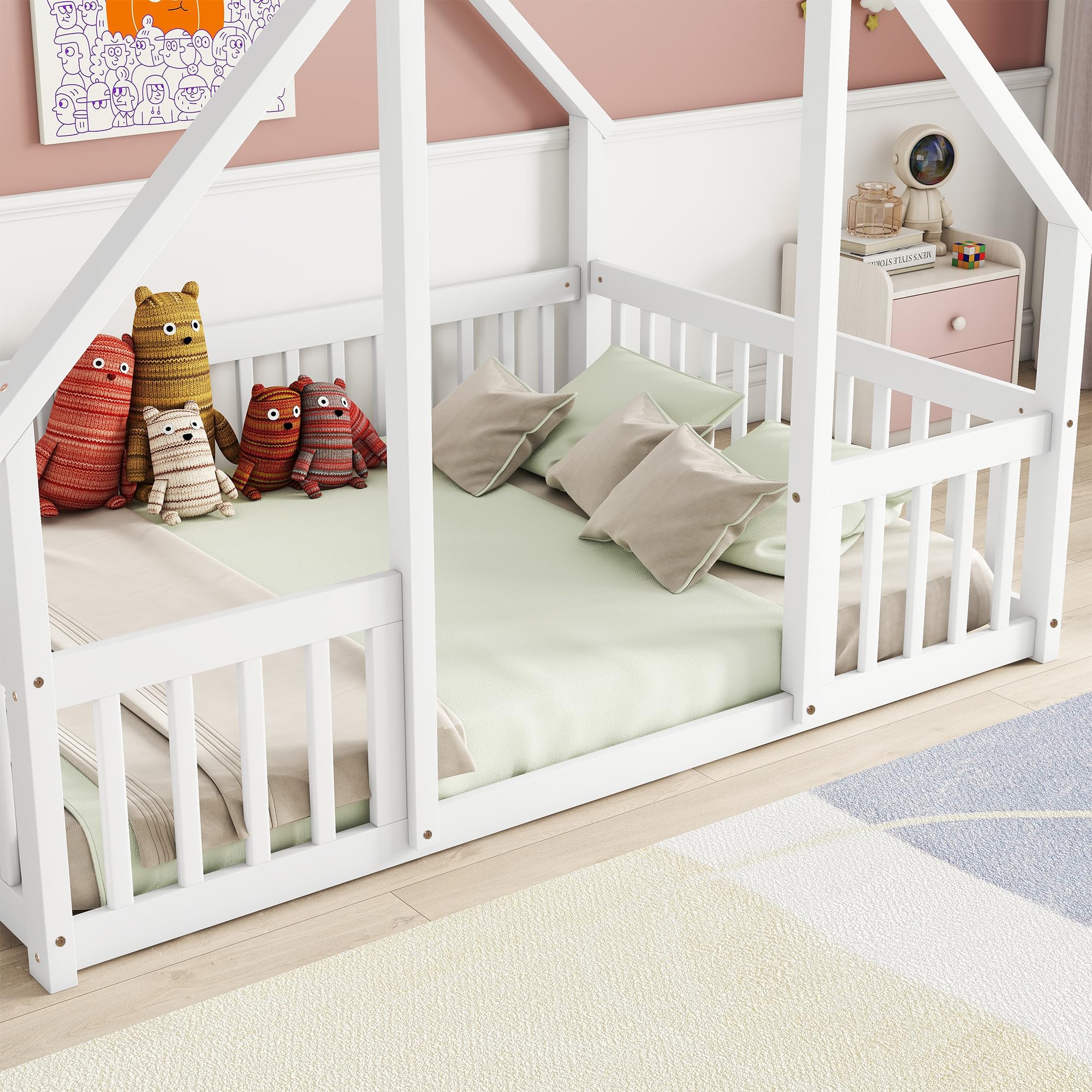 Bellemave Full Size Wooden House Floor Bed for Kids - Montessori Style Playhouse Bed Frame with Safety Fence for Boys & Girls - Perfect for Bedrooms, Playrooms and Montessori Learning Spaces (White)