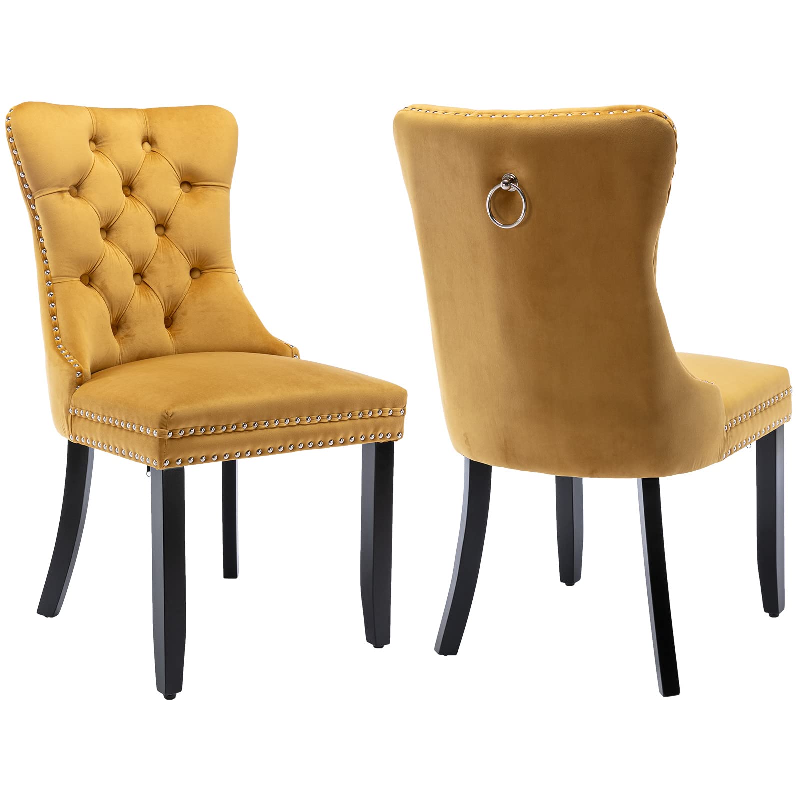 Luxury Gold Velvet Dining Chairs Set of 2 - Modern Tufted Upholstered Kitchen & Dining Room Chairs with Solid Wood Frame (Golden Yellow) - Perfect for Home Decor, Restaurant, Wedding & Event Seating