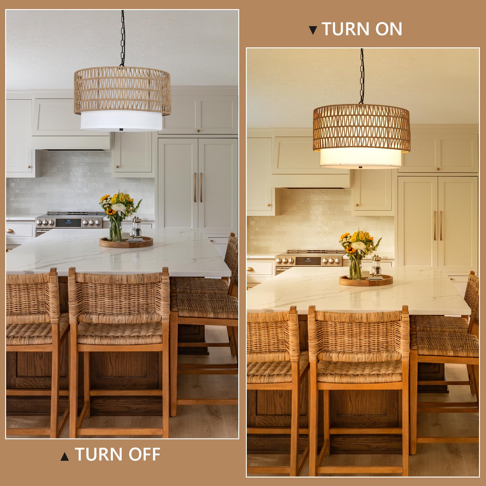 5-Light Farmhouse Chandelier - Handwoven Rattan Boho Pendant Light with Fabric Shade for Dining Room, Kitchen, Bedroom & Hallway | Rustic Ceiling Lighting Fixture for Home Decor & Island