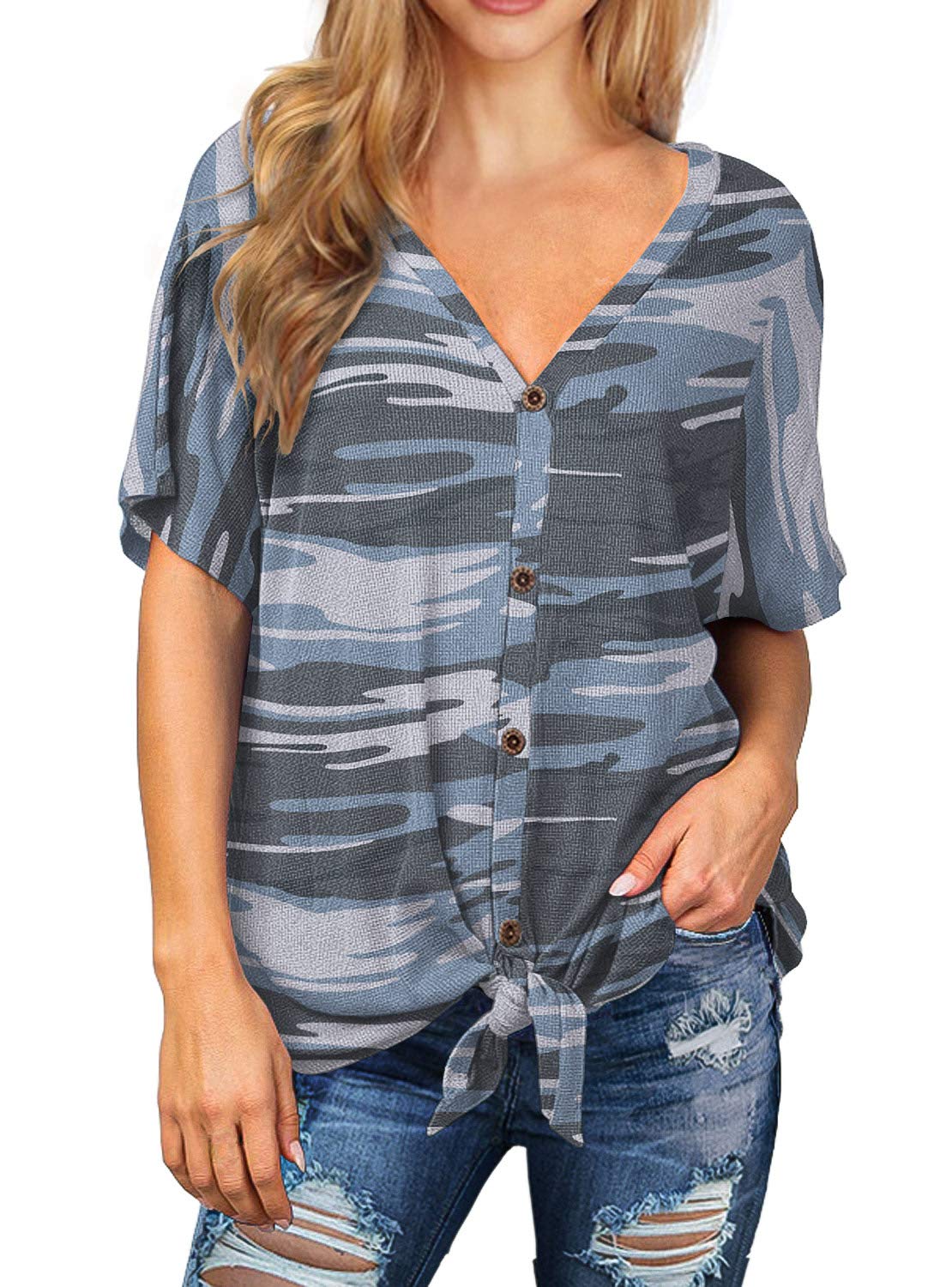 IWOLLENCE Women's Waffle Knit Tunic Blouse - Tie Knot Short Sleeve Henley Top - Loose Fit Batwing Shirt for Casual Wear, Office Outfits & Spring Summer Fashion