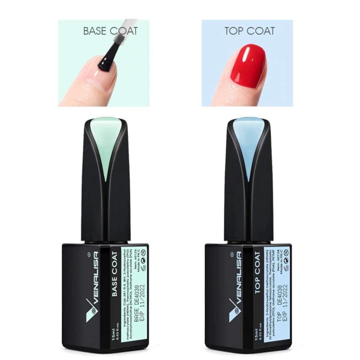 VENALISA 15ml Base & Top Coat Nail Polish Gel Set - UV LED Soak Off, Matte & Shine Finish, Long Lasting Manicure for Home & Salon Use (Ven-15ml-Base+Top) - Perfect for DIY Nail Art, Gel Extensions, and Professional Nail Services