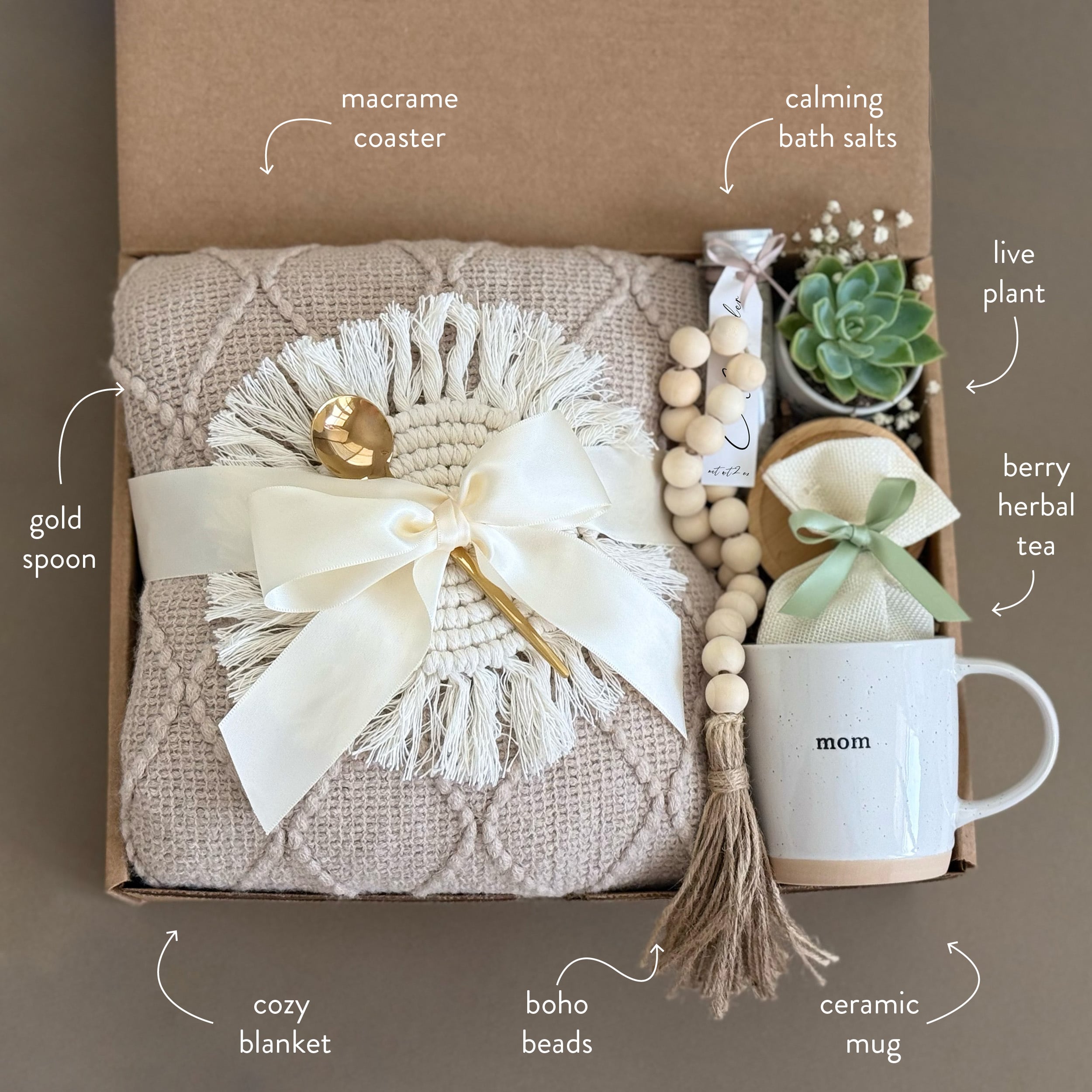 Boho Bliss Gift Box for Mom - Succulent Plant, Herbal Tea & Luxurious Bath Set | Thoughtful Mother’s Day Present for Relaxation & Self-Care