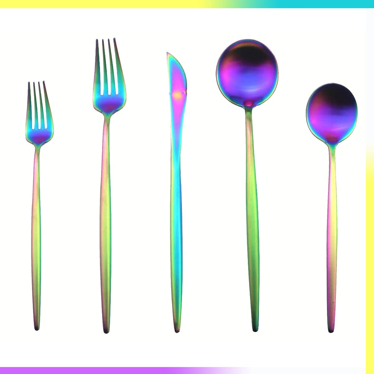 Gugrida 40-Piece Flatware Set - Rainbow Silverware Set, 304 Stainless Steel Cutlery Set for 8 People (8 Forks, 8 Knives, 8 Spoons, 8 Teaspoons) - Matte Polished & Dishwasher Safe - Perfect for Dining, Parties, Restaurants, and Everyday Use
