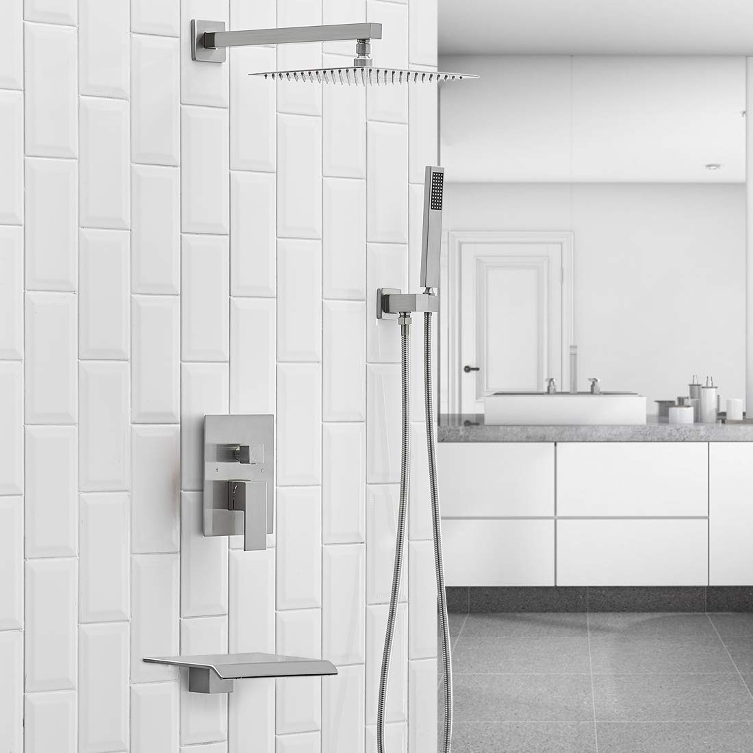 Premium Brushed Nickel Shower System - 10-Inch Rain Shower Head with High-Pressure Handheld Shower & Waterfall Tub Spout - Complete Modern Bathroom Faucet Set with Valve - Perfect for Luxury Spa-Like Shower Experience in Master Bathrooms & Guest Suites
