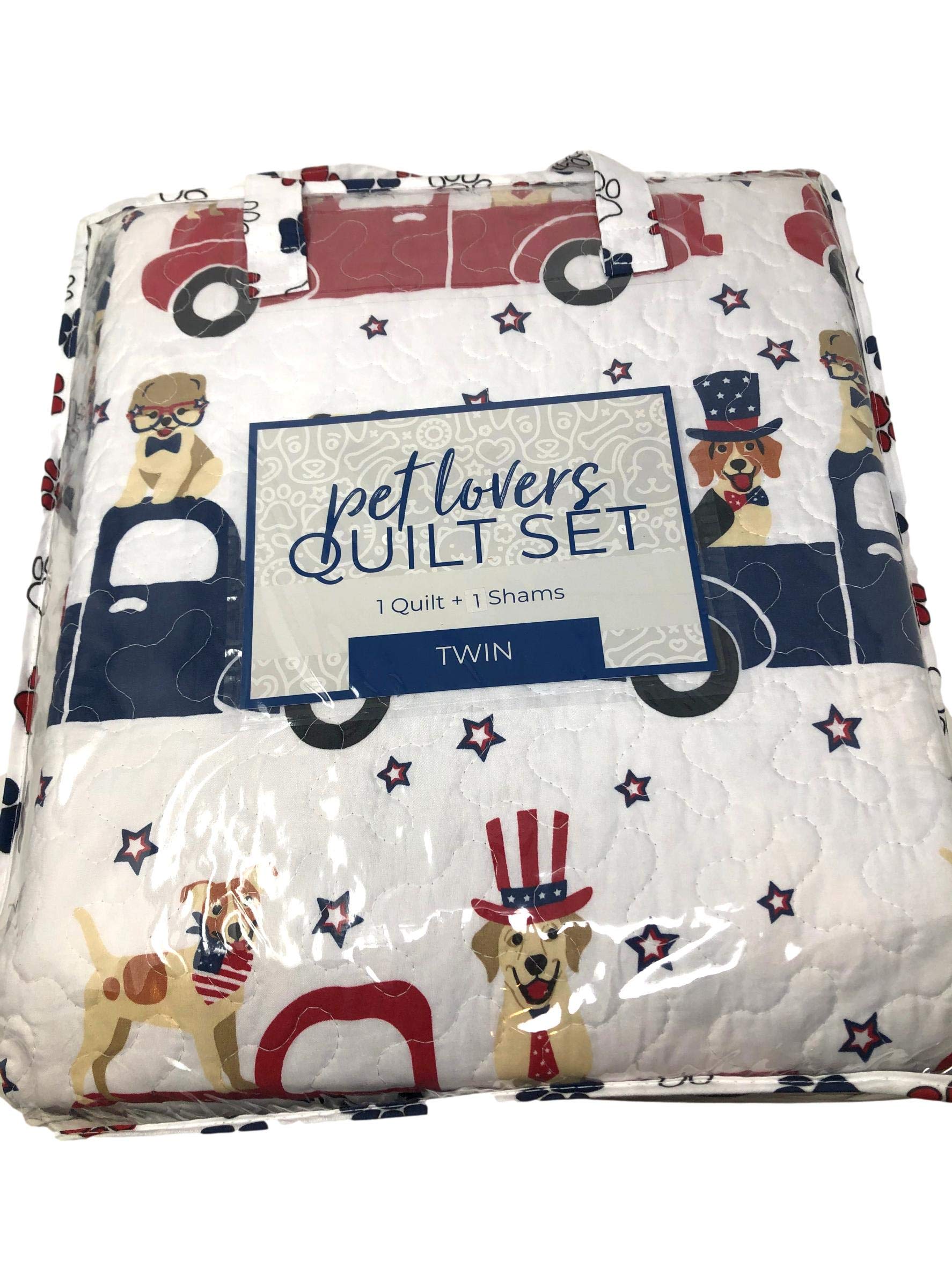 Patriotic Twin Reversible Dog Quilt Set with Matching Sham - American Flag & Dog Parade Design for Pet Lovers | Perfect for Bedroom Decor, Dog Themed Rooms & Cozy Pet-Friendly Homes