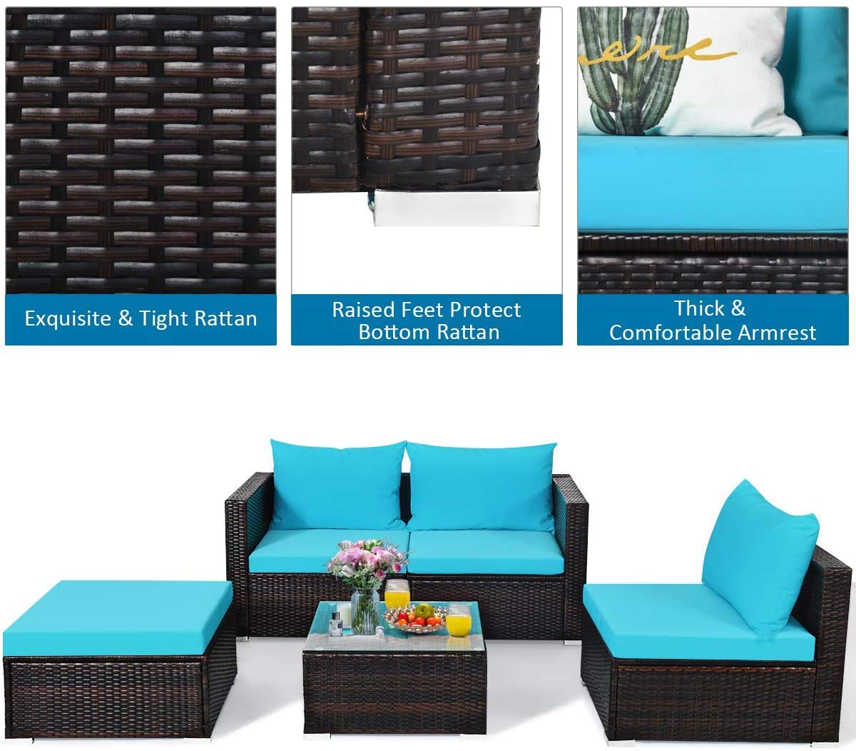 5-Piece Patio Conversation Set - Rattan Wicker Outdoor Sectional Sofa with Coffee Table & Cushions - Perfect for Garden, Lawn, Porch & Backyard Relaxation