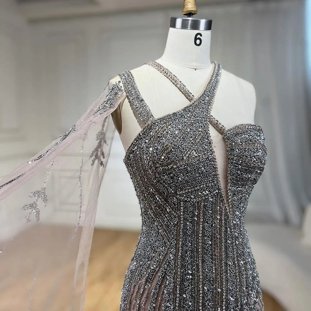 Elegant Gray Nude One Shoulder Cape Sleeves Mermaid Evening Gown with High Slit & Beading - Women's Formal Party Dress LA72368 | Perfect for Prom, Gala, Wedding & Special Occasions