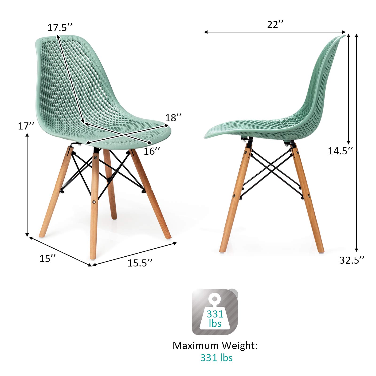 Giantex Set of 4 Modern Dining Chairs - Indoor/Outdoor Shell PP Lounge Side Chairs with Mesh Design & Beech Wood Legs - Tulip Leisure Chairs for Kitchen, Dining Room, Patio, Garden - Green