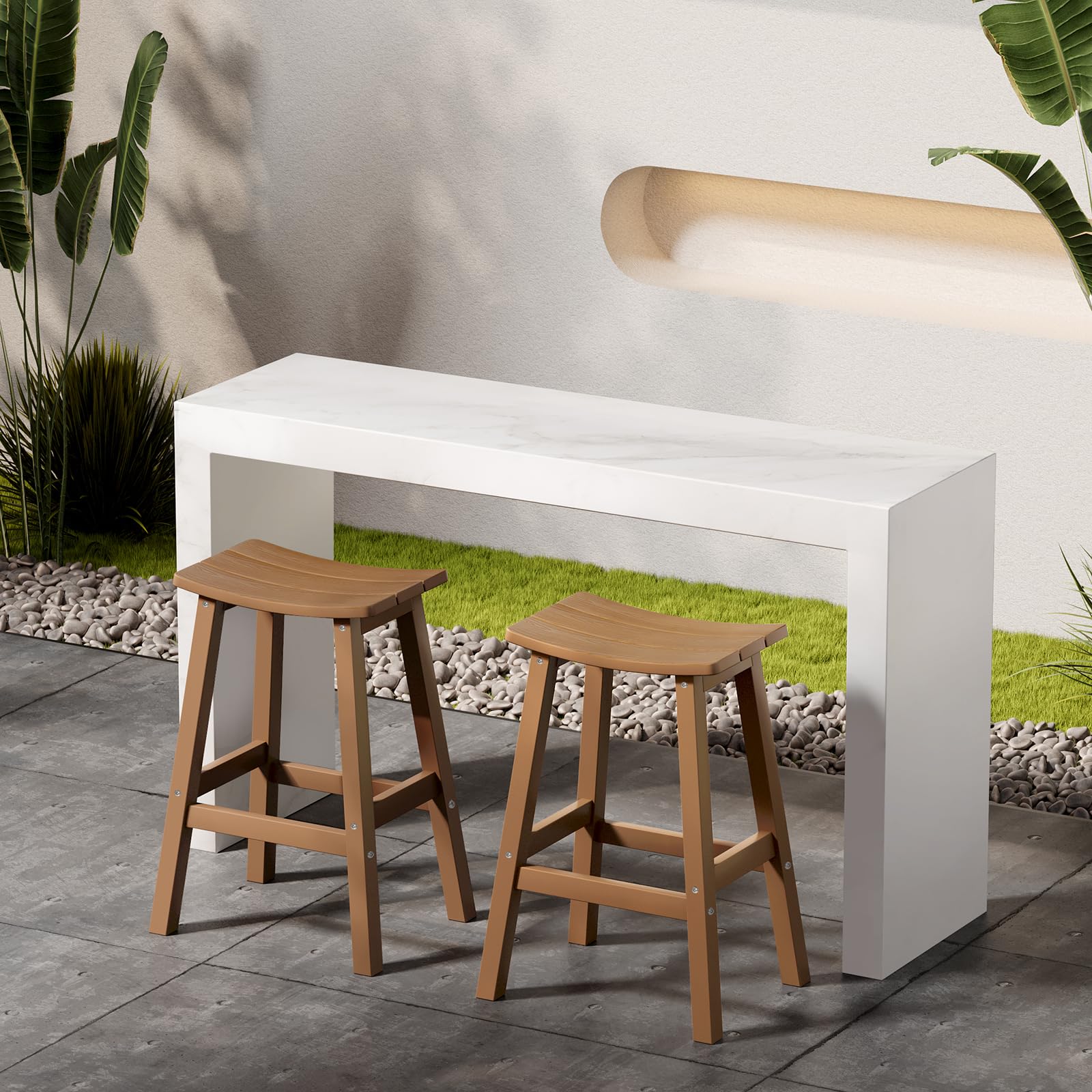 All-Weather Bar Stools Set of 4 - Durable Patio Barstools That Never Rot or Fade - Perfect for Outdoor Bar, Kitchen Counter, Deck & Backyard - Teak Wood Bar Height Stools for Dining & Entertaining
