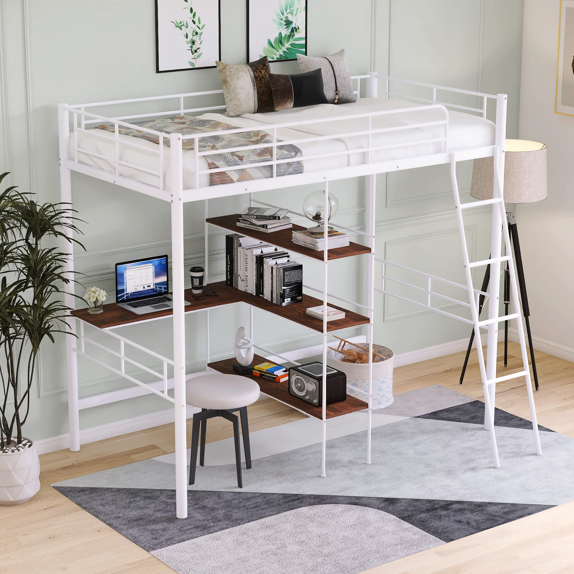 Harper & Bright Designs White Twin Size Metal Loft Bed with Built-in Desk, Shelves, Guardrail & Ladder - Space-Saving Study & Sleep Solution for Kids & Teens Bedrooms
