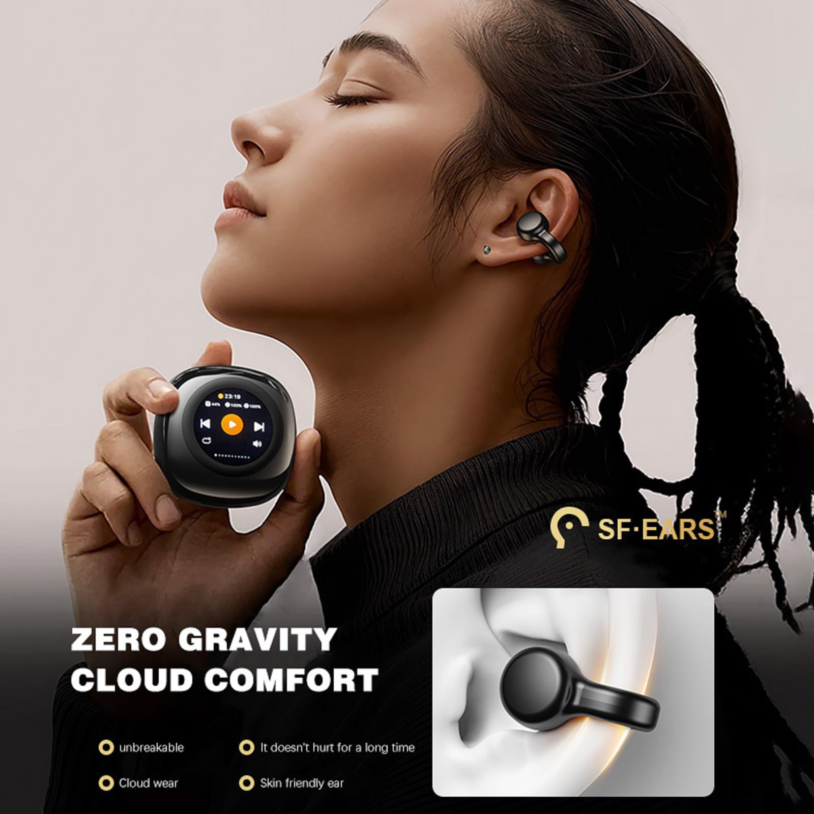 Open Ear Clip On Wireless Bluetooth Earbuds - Bone Conduction Headphones for Workout, Running & Outdoor Activities | Touch Screen Control | Comfortable Ear Cuff Design | 5.4 Bluetooth Technology