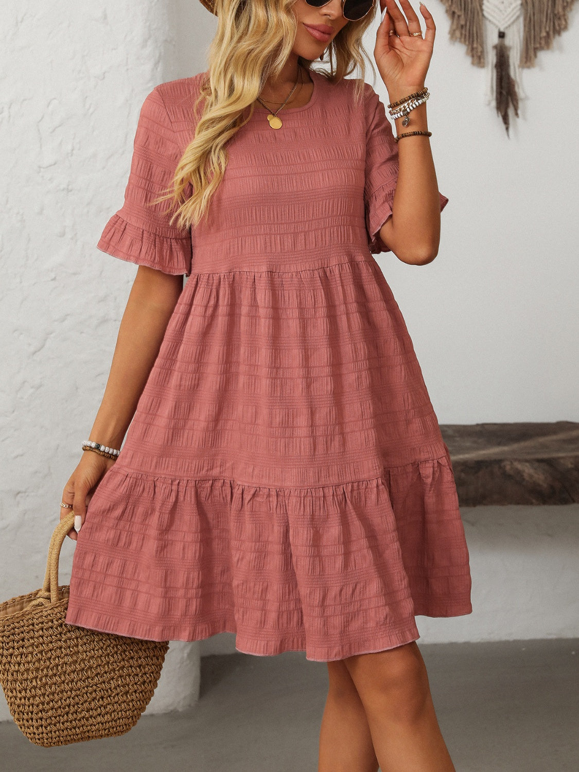 Mandy Women's Ruffled Ruched Round Neck Half Sleeve Casual Dress for Summer, Party, and Date Night